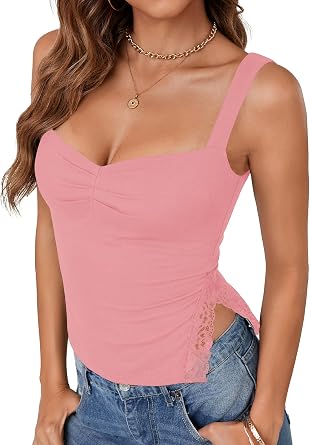 Vrtige Womens Sexy Sweetheart Neck Lace Crop Tank Top Pleated Sleeveless Going Out Tops Y2K Fashion Slit Cami