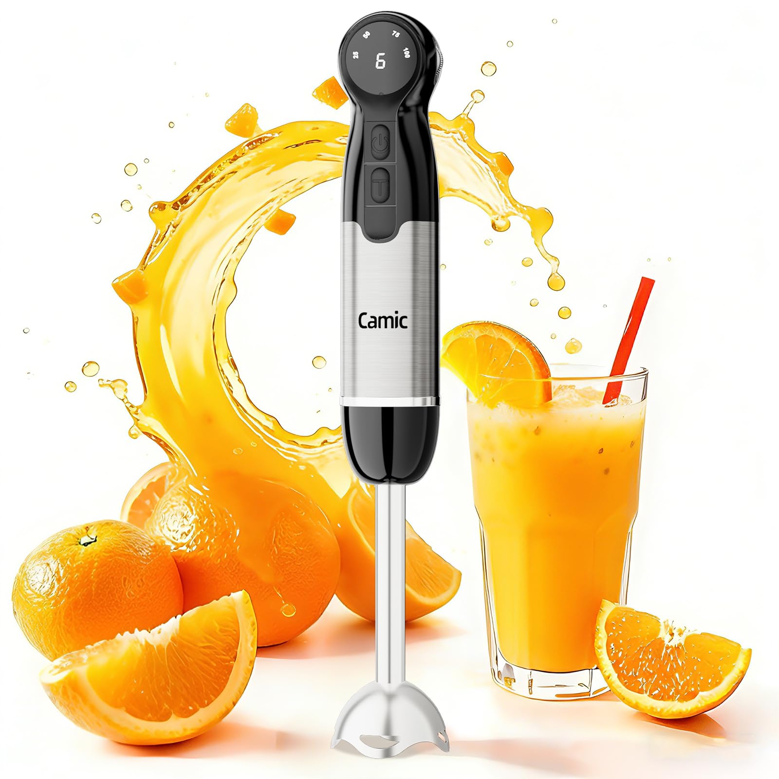 Camic Stabmixer, 4-in-1 Pürierstab, Kabelloses Elektrische Stabmixer mit 6-Stufiger + LED-Anzeige, Inklusive Edelstahl-Mixfuß, Schneebesen und 500ml Lebensmittelhacker für Suppen, Babynahrung