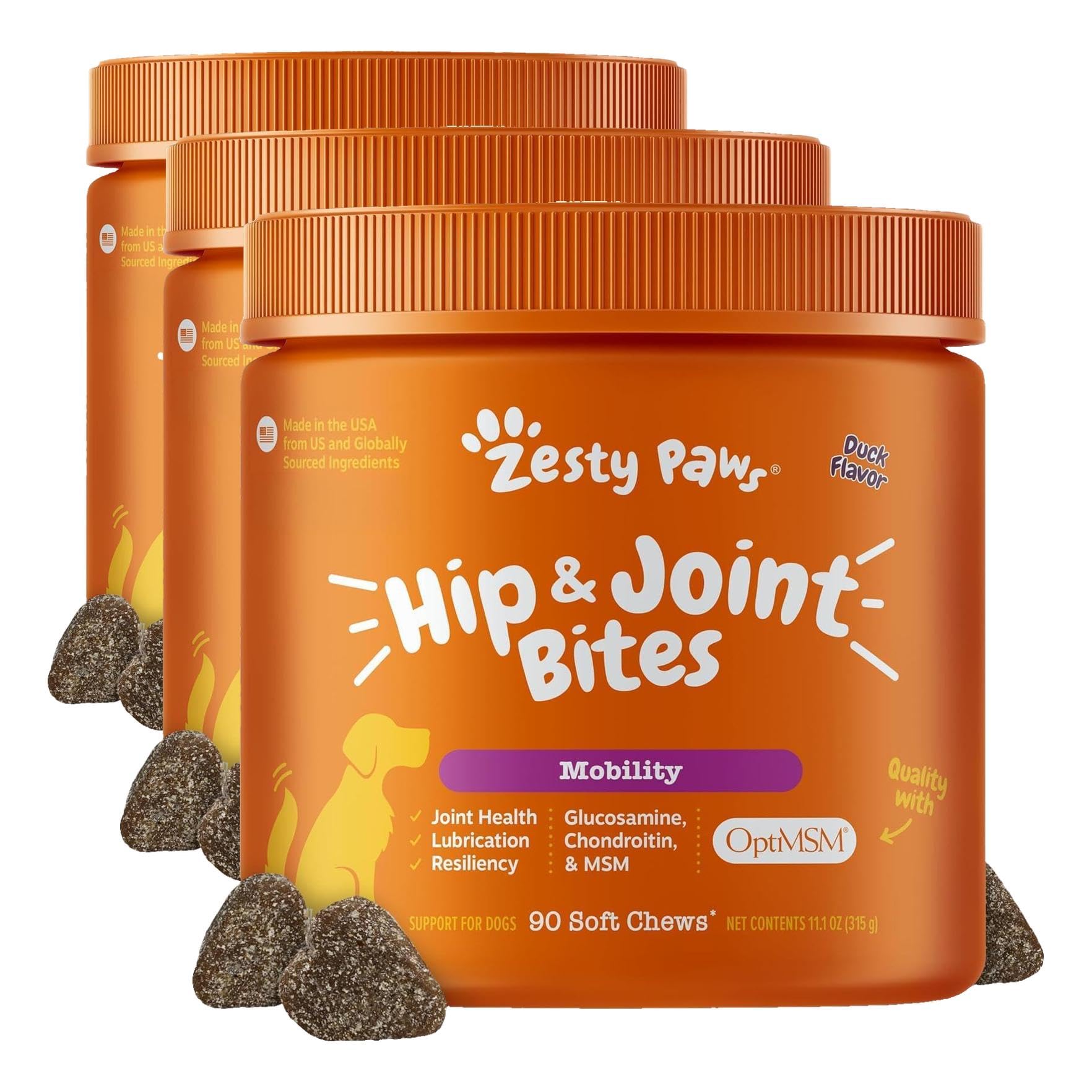 Zesty Paws Hip and Joint Supplement for Dogs - Glucosamine with Chondroitin, MSM, Vitamins C and E Dog Joint Relief - Mobility Bites Duck – 90 Count (Pack of 3)
