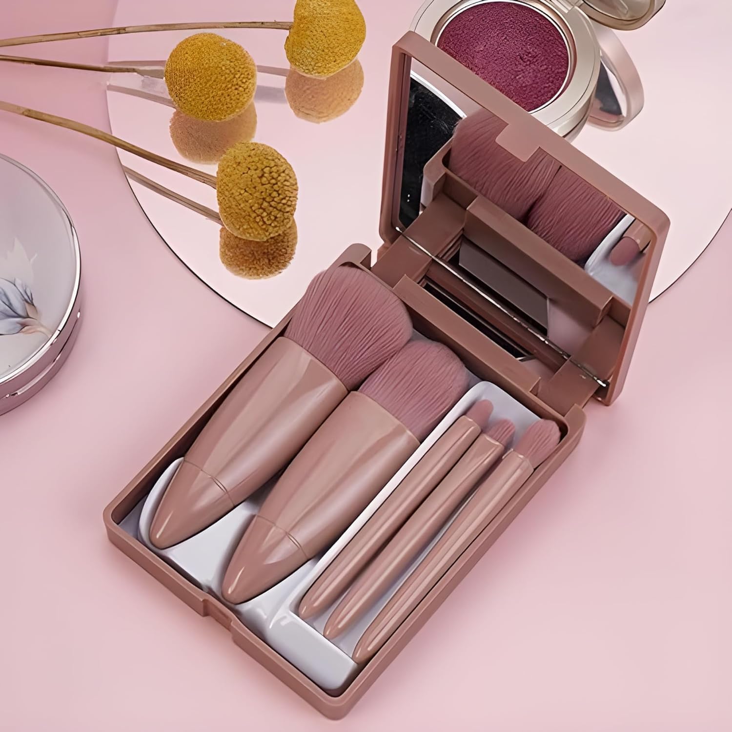 Travel Size Makeup Brushes Set Mini Makeup Brushes, Small Complete Function Cosmetic Brushes Kit with Case and Mirror Perfect for On The Go, 5PC (Mini Pink)-image-8