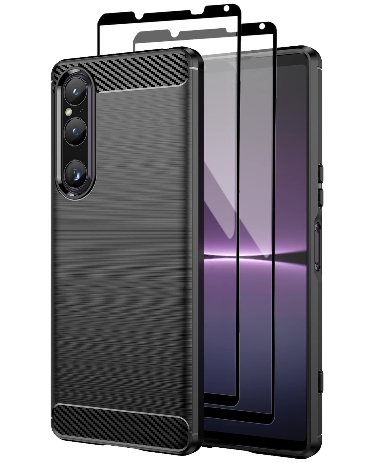Teayoha Case for Sony Xperia 1 V,with Tempered Glass Screen Protector [2 Pack], Carbon Fiber Scratch Resistant, Shock Absorption Soft TPU Drawing Protective Cases Phone Cover - Black