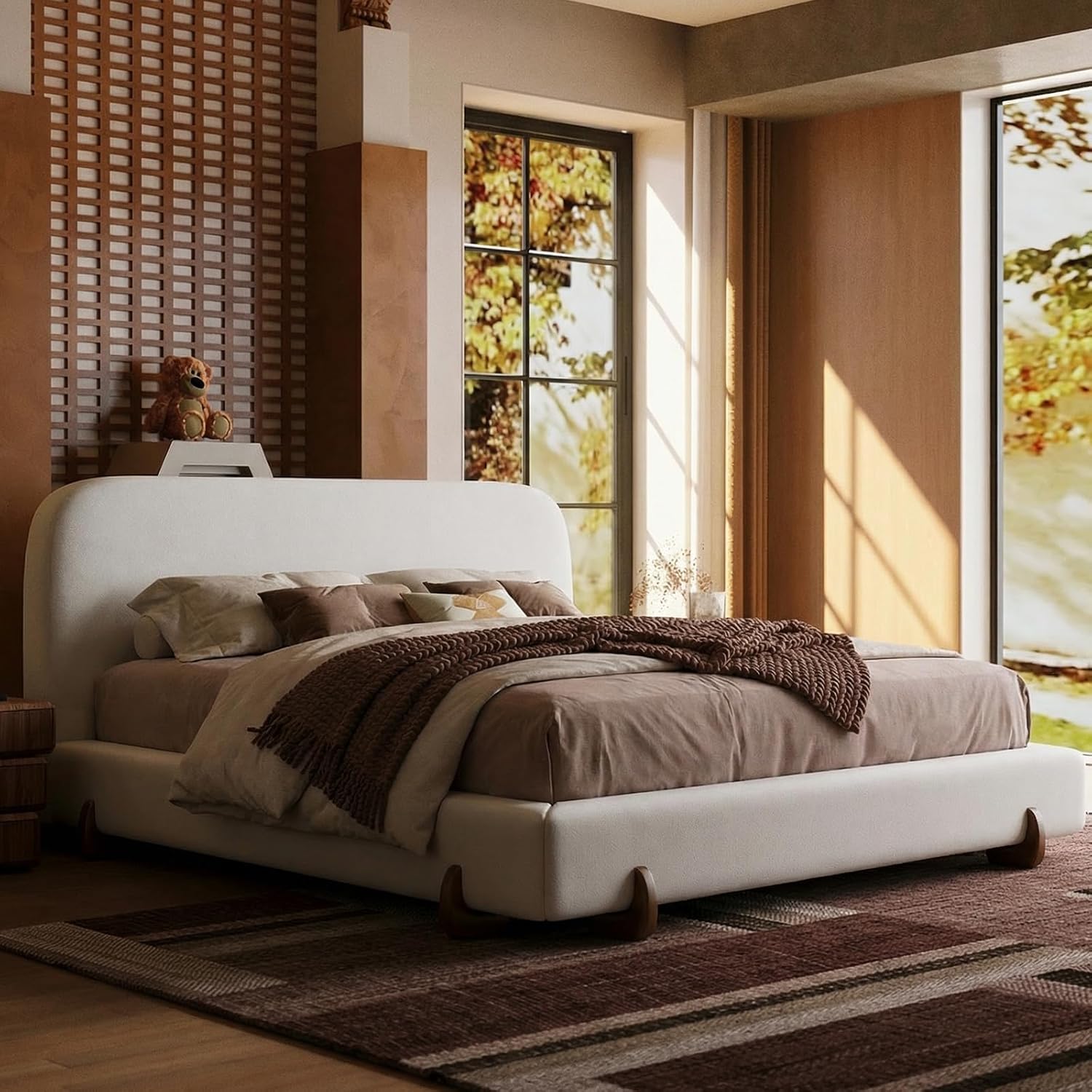 King Size Cloud Bed Frame, White Upholstered Platform Bed Frame with Soft Headboard, Wood Solid Legs, No Box Spring Required，Easy Assembly (White, King (U.S. Standard))