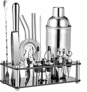 18-Piece Professional Cocktail Shaker Set and Bartender Kit with Stand, Stainless Steel Bar Tools Gift Set with Muddler, Jigger, Mixing Spoon for Home Bar and Mixology