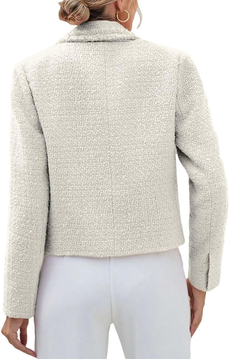 Donna Autunno Inverno Tweed Blazer Casual Doppio Petto Aperto Anteriore Ufficio Tasche Giacca Solida