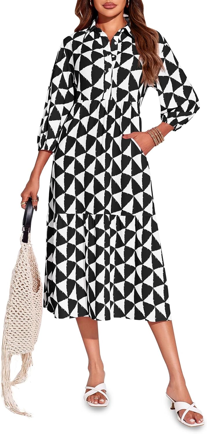 Wenrine Womens Boho Midi Dress Long Sleeve Casual Color Block Beach Button Down Shirt Dress