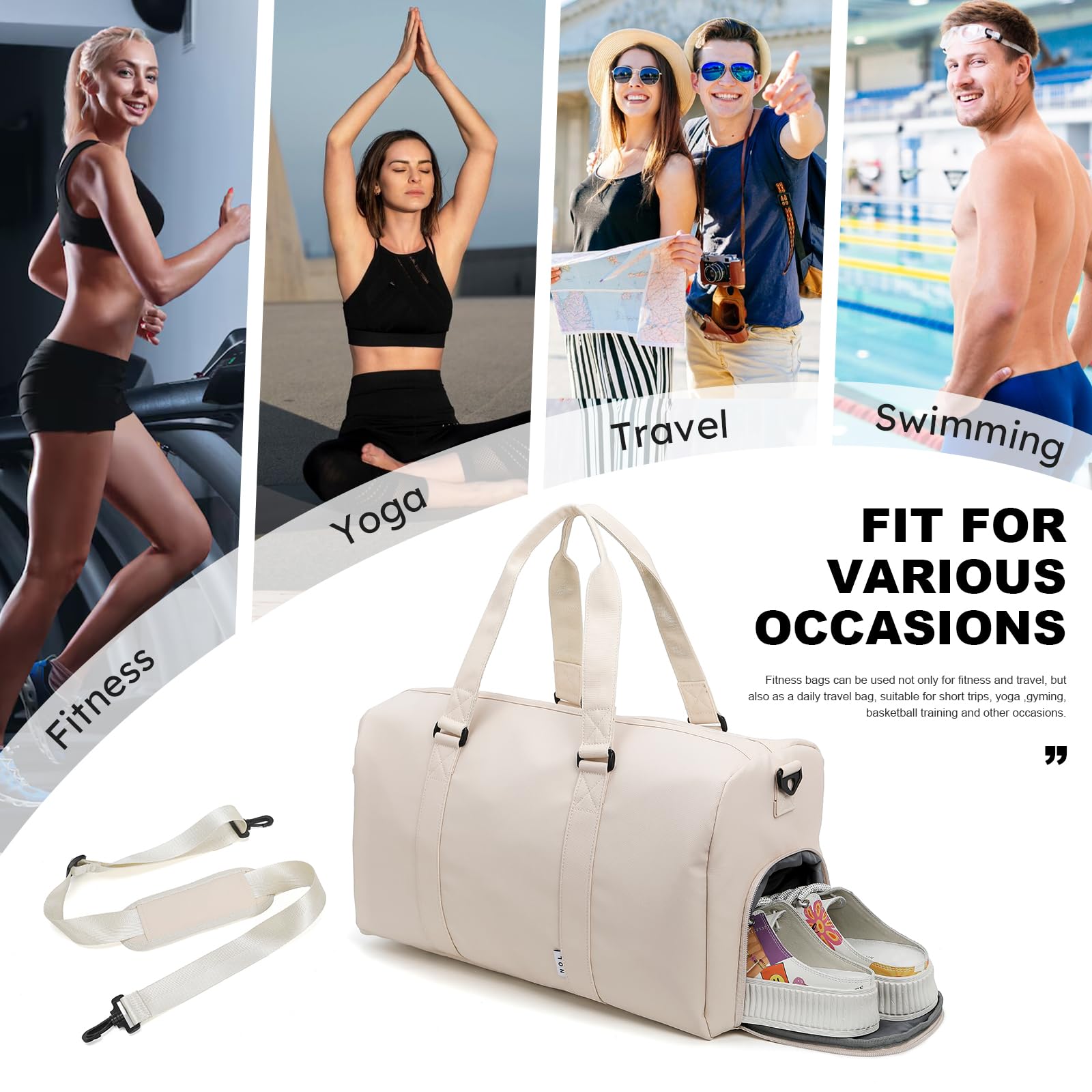 NOL Sports Turnbeutel für Damen und Herren, Seesack für Reisen, wasserdichte Handgepäcktasche mit Schuhfach & Nasstasche, 4, Cream, Modern