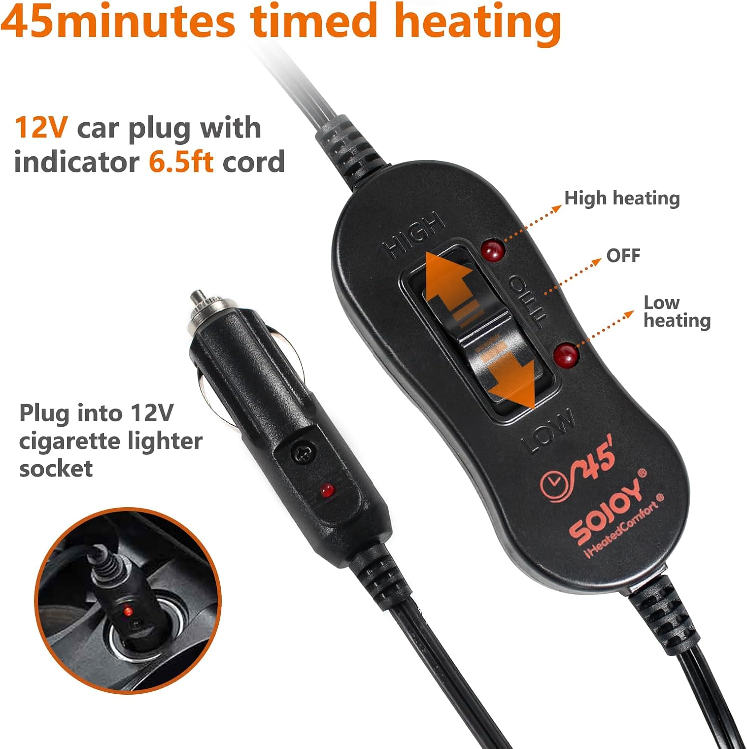 SJC 12-Volt Electric Heated Car Blanket,Auto Off Heated Blanket with 2 Level,Electric Blanket for Car,Truck,SUV (Black)