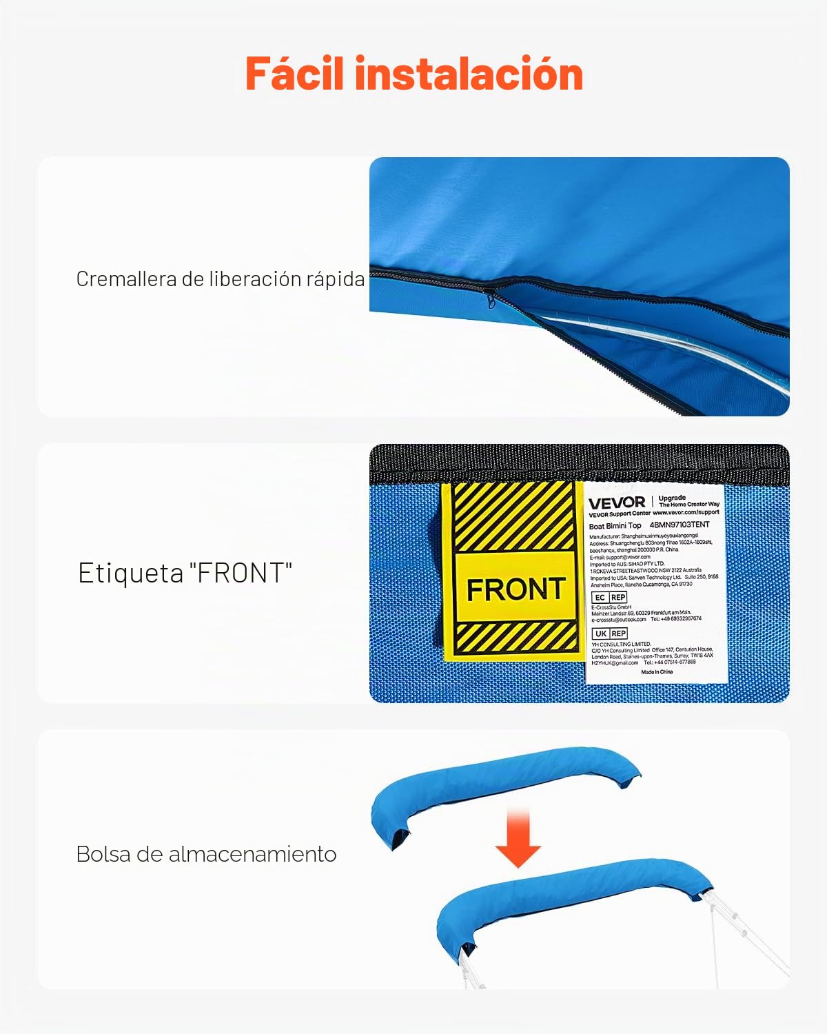 VEVOR Toldo Bimini Plegable para Barco de 4 Arcos, Poliéster 600D, Impermeable y con Protección Solar, con Bolsa de Almacenamiento, Resistente al Viento y Desgarro, 244 x 230 cm, Azul Pacífico