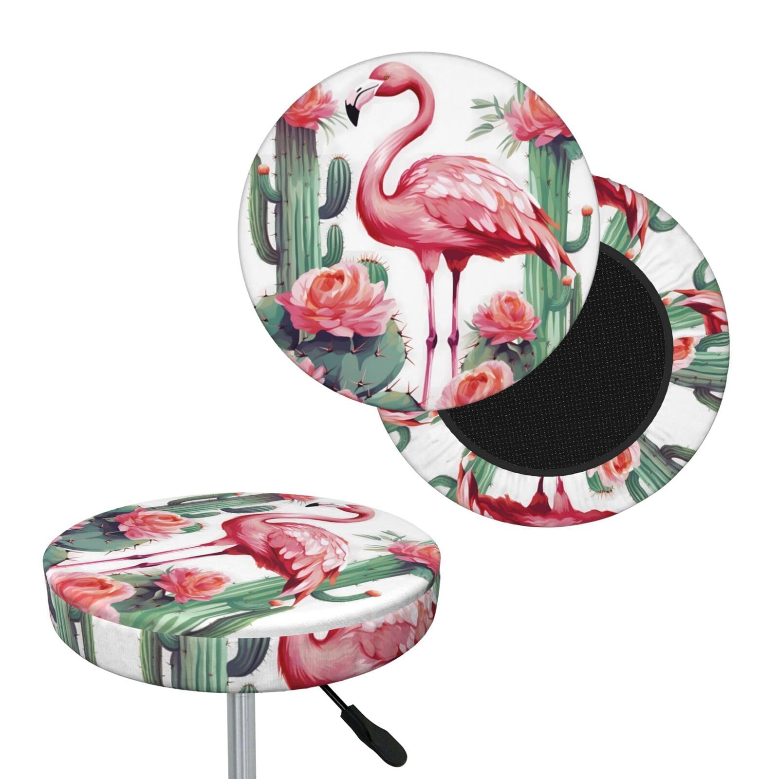 NONHAI Cactus Flamingo Rose Flowers Bar Stool Cover Round Elastic Stool Cushion Covers Dustproof Bar Chair Cover Washable Stool Cushion Slipcover Stretch Stool Seat Covers for 12-14 Inch Chair