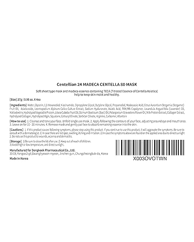 Miniatura 7 de CENTELLIAN 24 Madeca Mask (Extra Hidratante, 4 piezas) - Mascarilla Facial en Hoja, Ultra Hidratante y Calmante para Piel Seca y Sensible. Cuidado