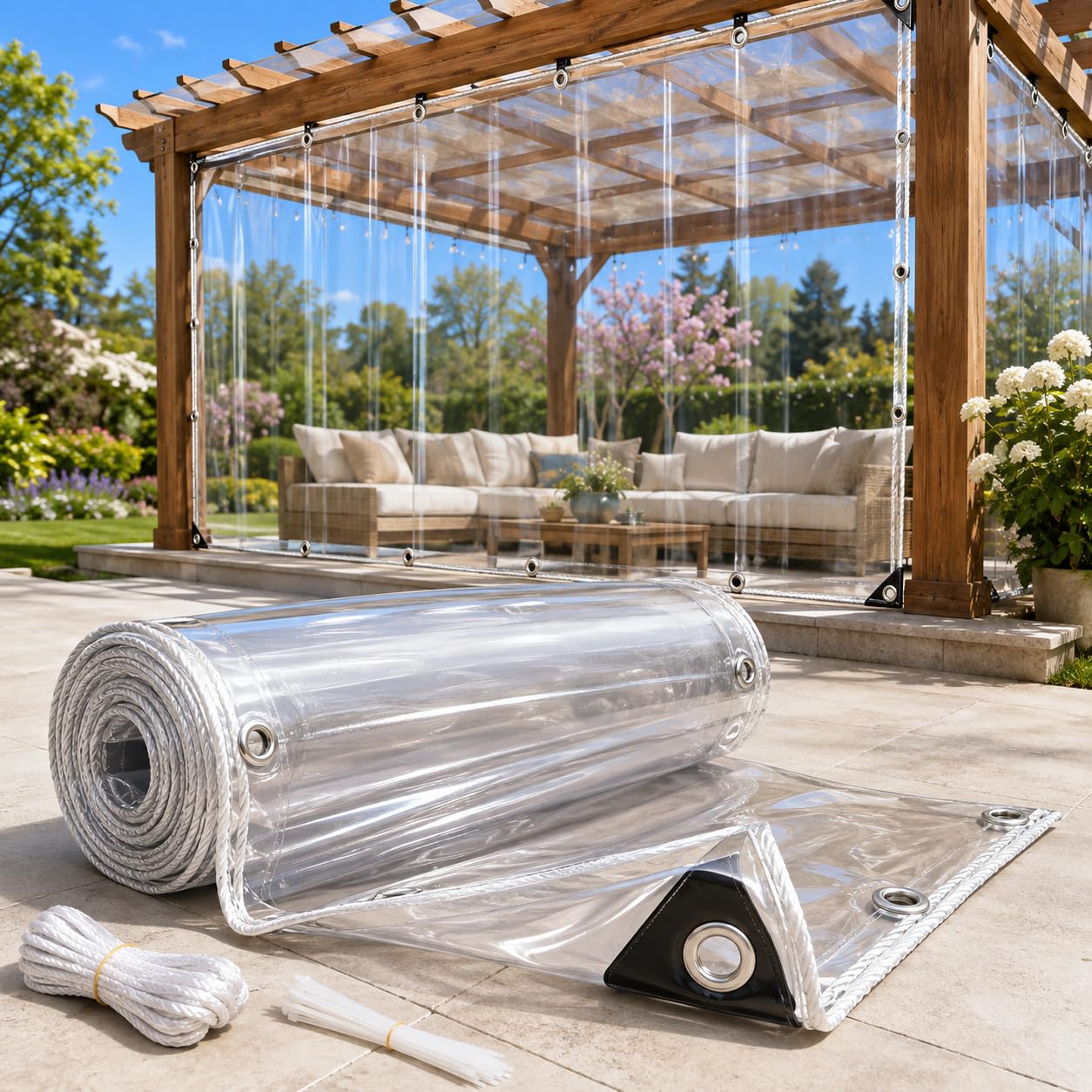4x4m Transparente Plane mit ösen 500g/m² | wasserdicht, UV-beständig, reißfest, verstärkte Kanten und rostfreie Aluminiumösen für Terrasse, Garten, Camping und Pavillon