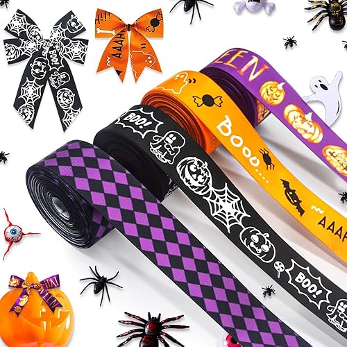 4 rollos de cintas de satén de Halloween para envolver regalos, cintas de Halloween naranja y negro para decoración de fiestas de bricolaje, 0.9