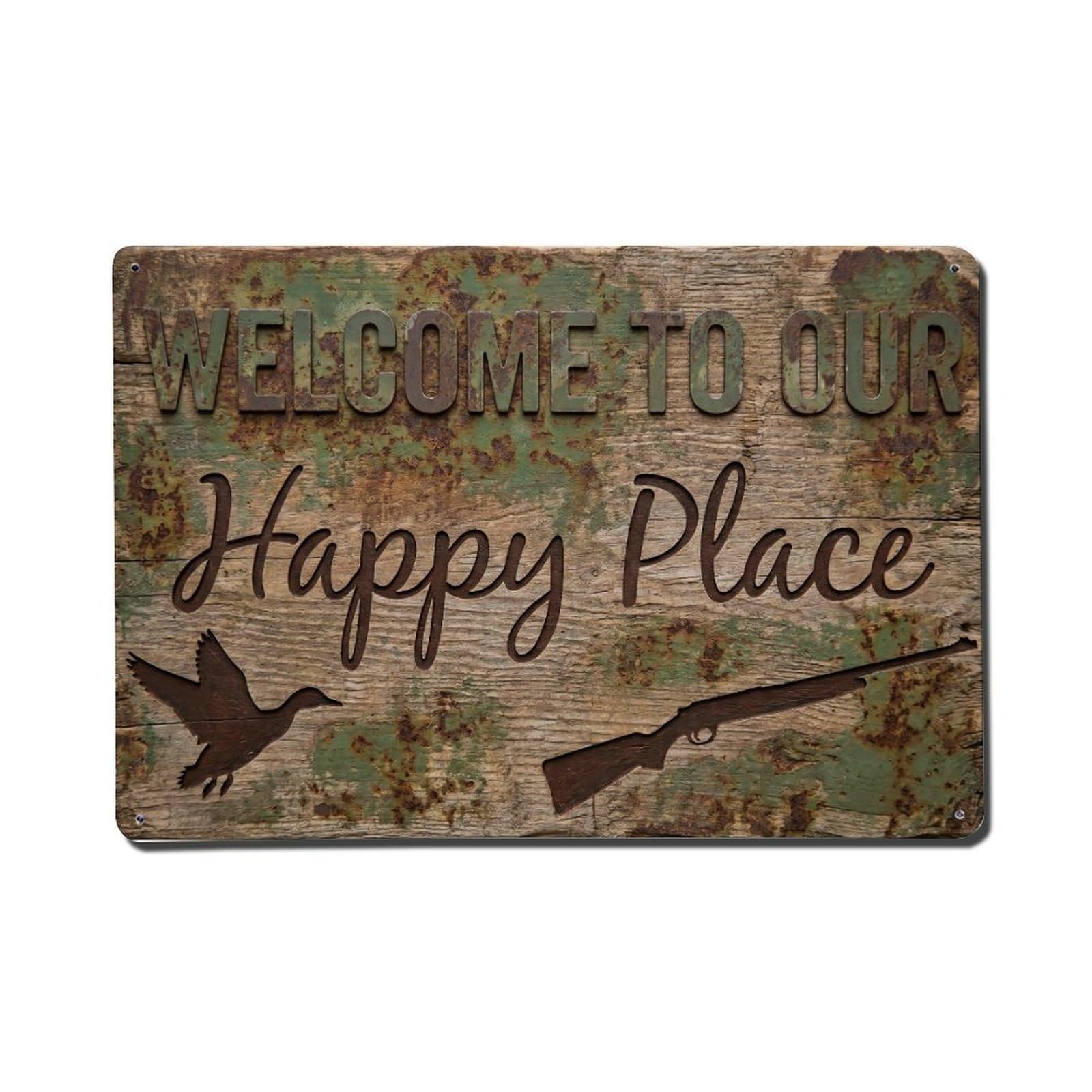 Welcome To Our Happy Place Hunting Cabin Metal Tin Sign Plaque Wall Decor for Cafe, Club Bar, Office, Home Garden Metal Poster 8x12Inch
