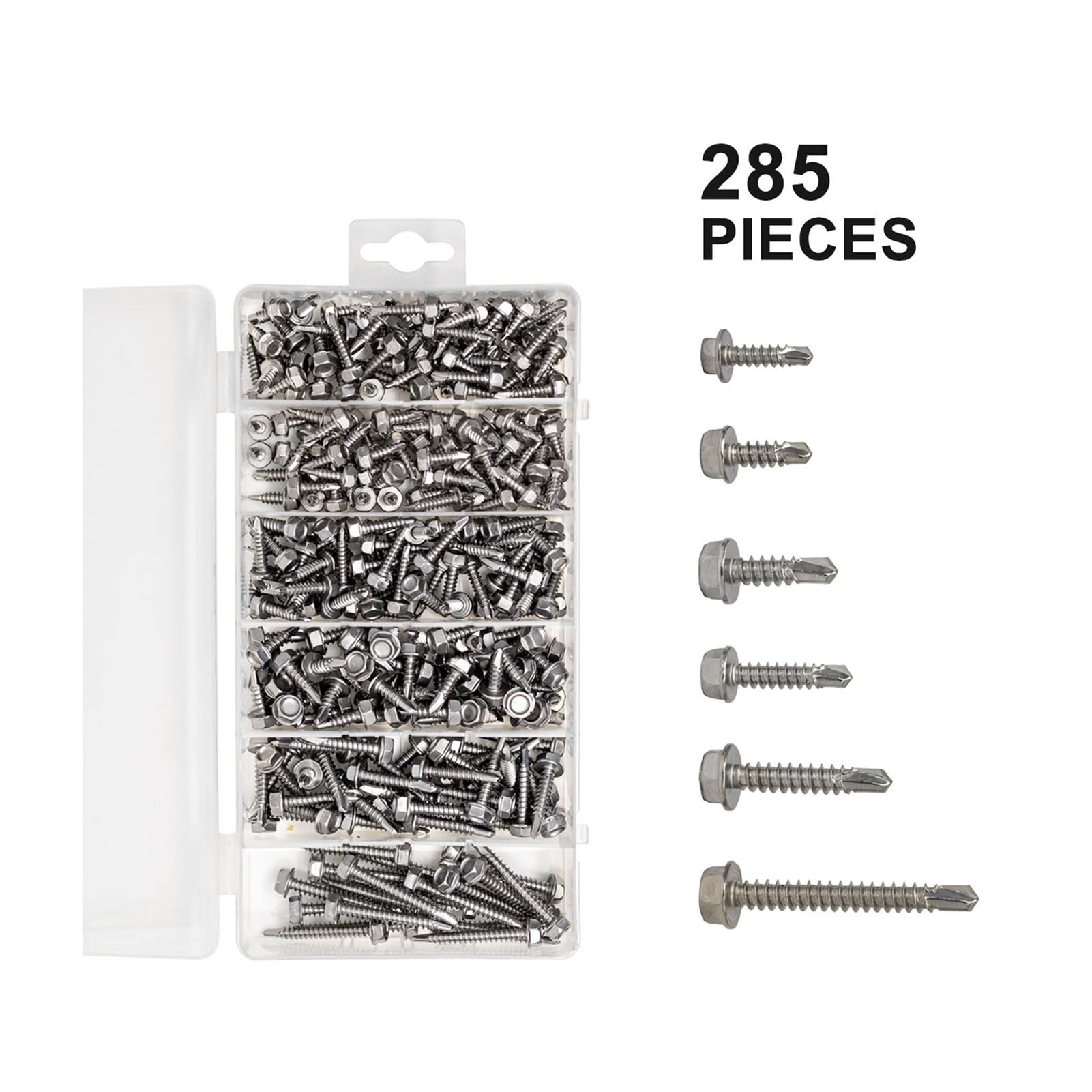 Youngran 285 Piezas Hex Lavadora Cabeza autoperforante Tornillos 410 Acero Inoxidable # 6# 8# 10 Bolt Surtido de Kit Leisurely