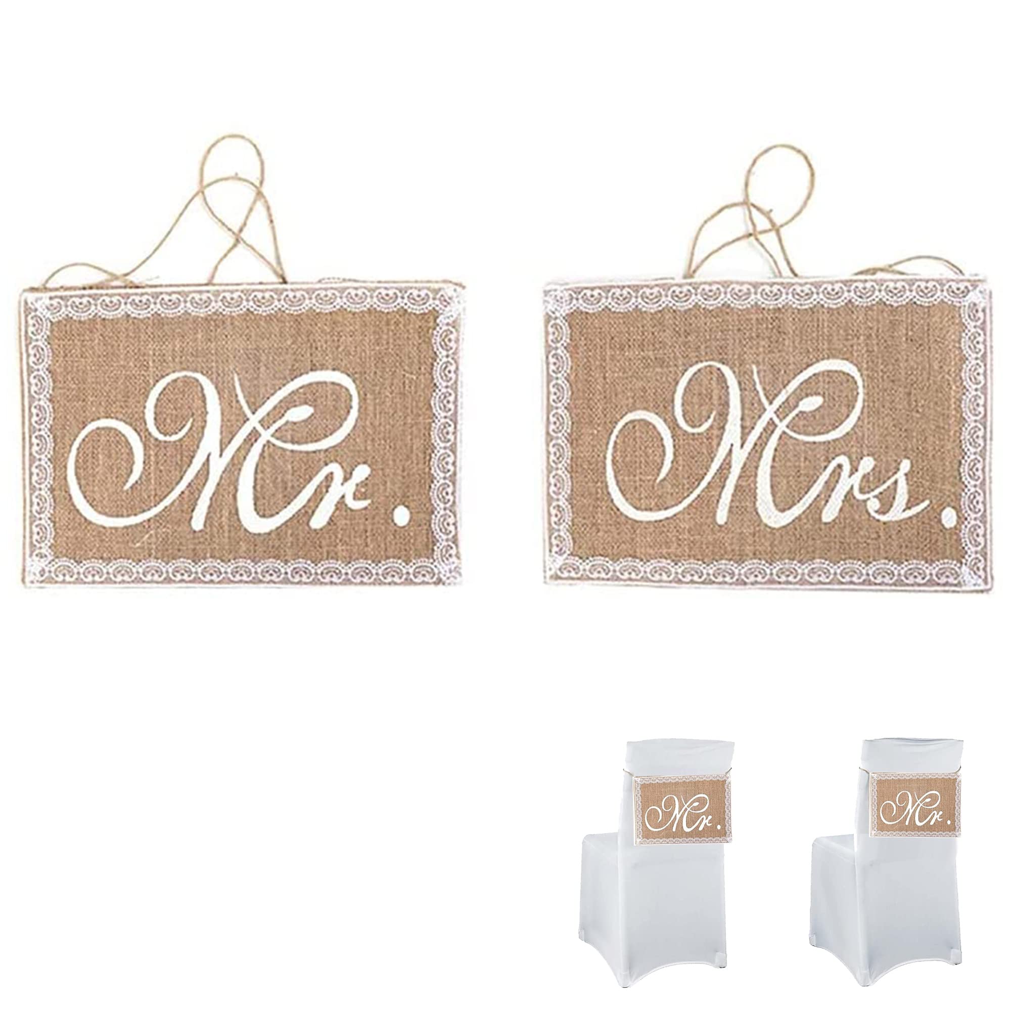 YJFY 2 Piezas Bandera de Boda de Arpillera Mr and Mrs Wedding Chair Banner Sign Mr y Mrs Banderas Boda MR y Mrs Set de Decoración para Decoración de Bodas, Banquetes, Suministros para Fiestas (Lace)