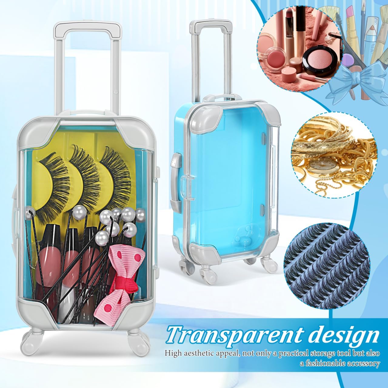 VICASKY 4PCS Mini Suitcase Boxes, Plastic Suitcase Candy Box False Eyelash Storage Cosmetic Case Travel Luggage Organizer for Candy Makeup Jewelry Birthday Wedding Party Favor