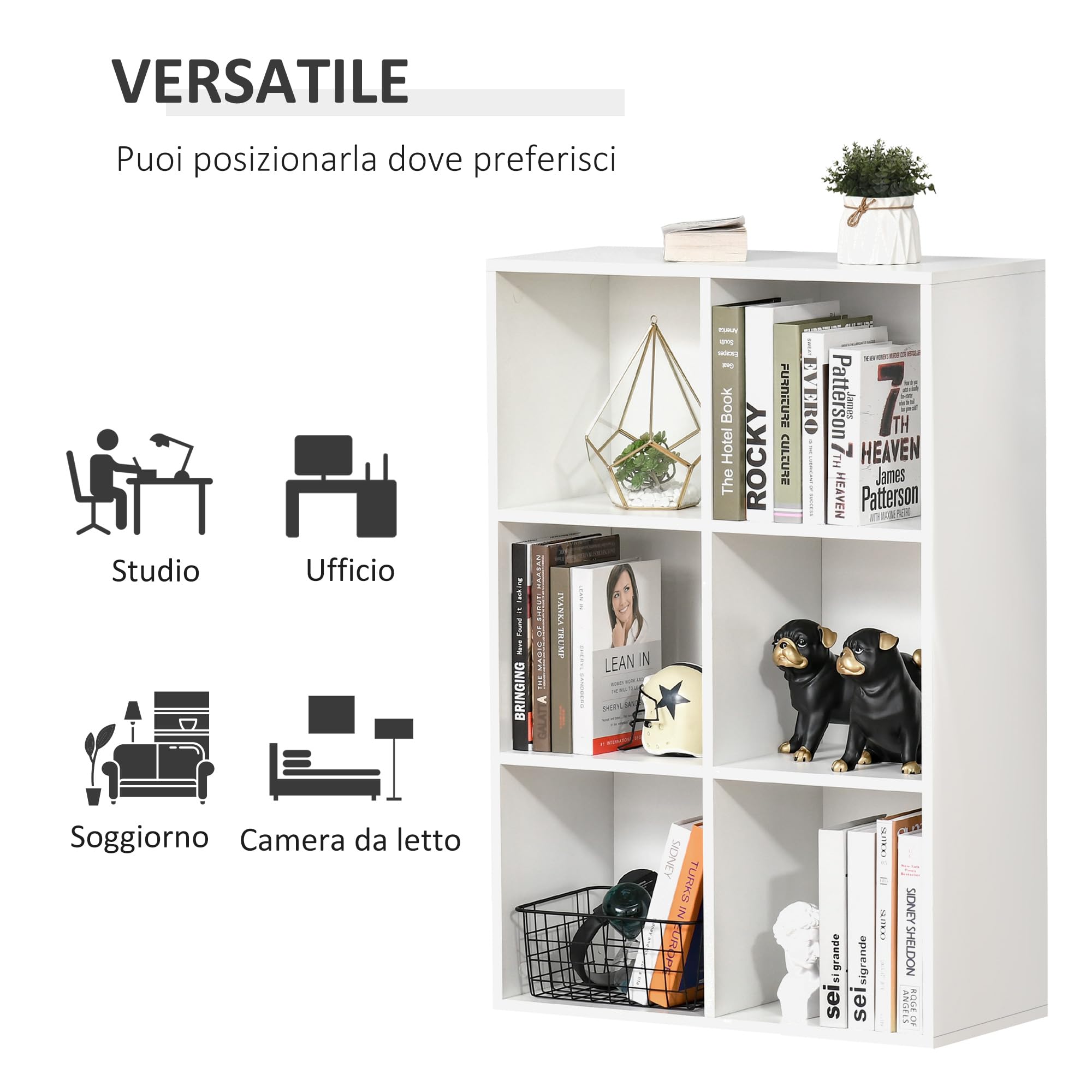 HOMCOM Mobile Libreria a 6 Cubi Salvaspazio 65.5x30x97.5 cm Bianco | in Legno, Scaffale Divisorio, Libreria Bassa, per Stanza, Soggiorno, Camera da Letto, Ufficio