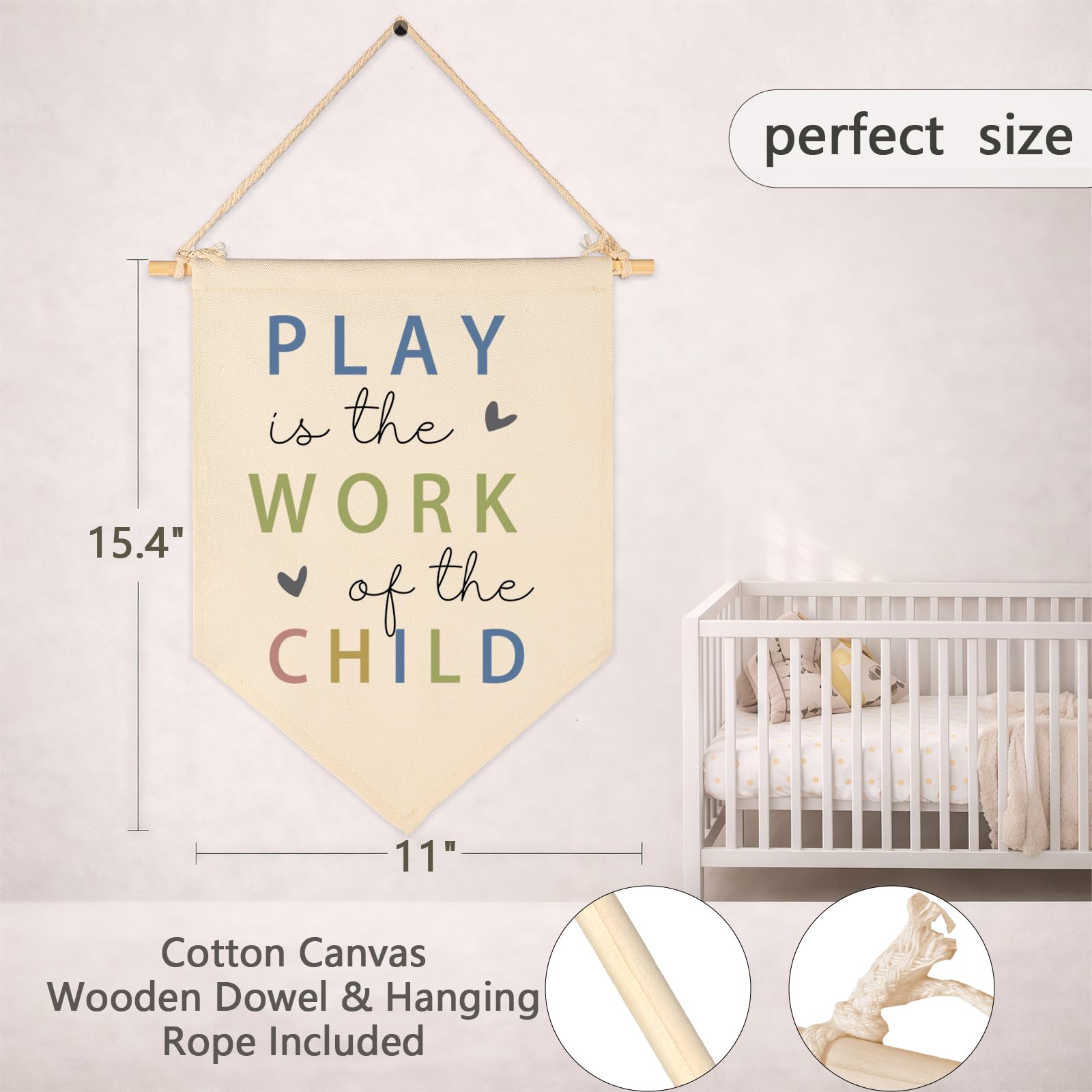 Topthink Bandera colgante de lona con texto en inglés «Play is The Work of The Child», decoración de pared, regalo para bebés, niños, niñas, niños, guardería, habitación de adolescentes, sala de