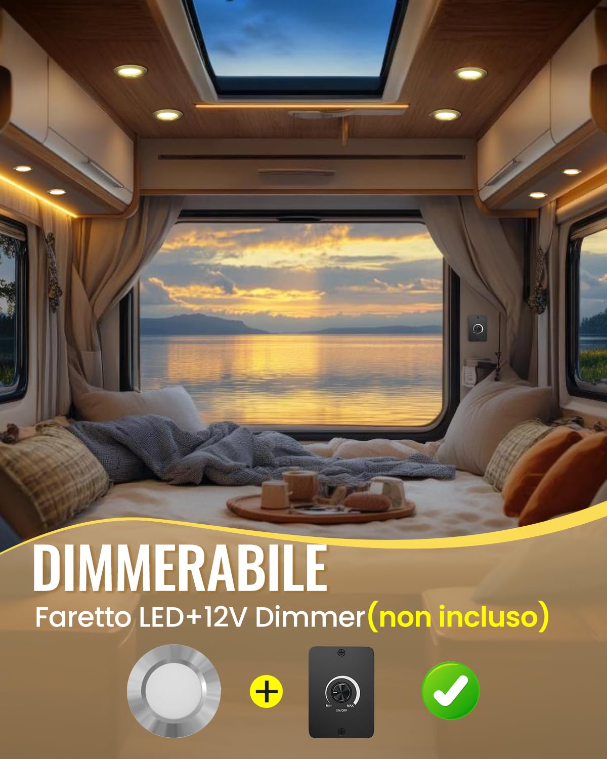 Luxvista Faretto LED 12V, 3.5W Dimmerabile Faretti LED da Incasso per Camper Bianco Caldo 3000K Faretti da Incasso Luci Ultrasottili Foro 58-60MM con Cavo 2M per Camper Caravan Armadi Cucina (3 pezzi