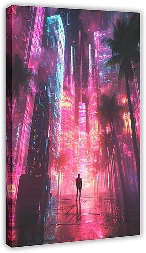 XAHOR Póster estético Vaporwave - Impresión artística retro Cyberpunk con ciudad neón y palmeras, lienzo decorativo y arte de pared, póster moderno