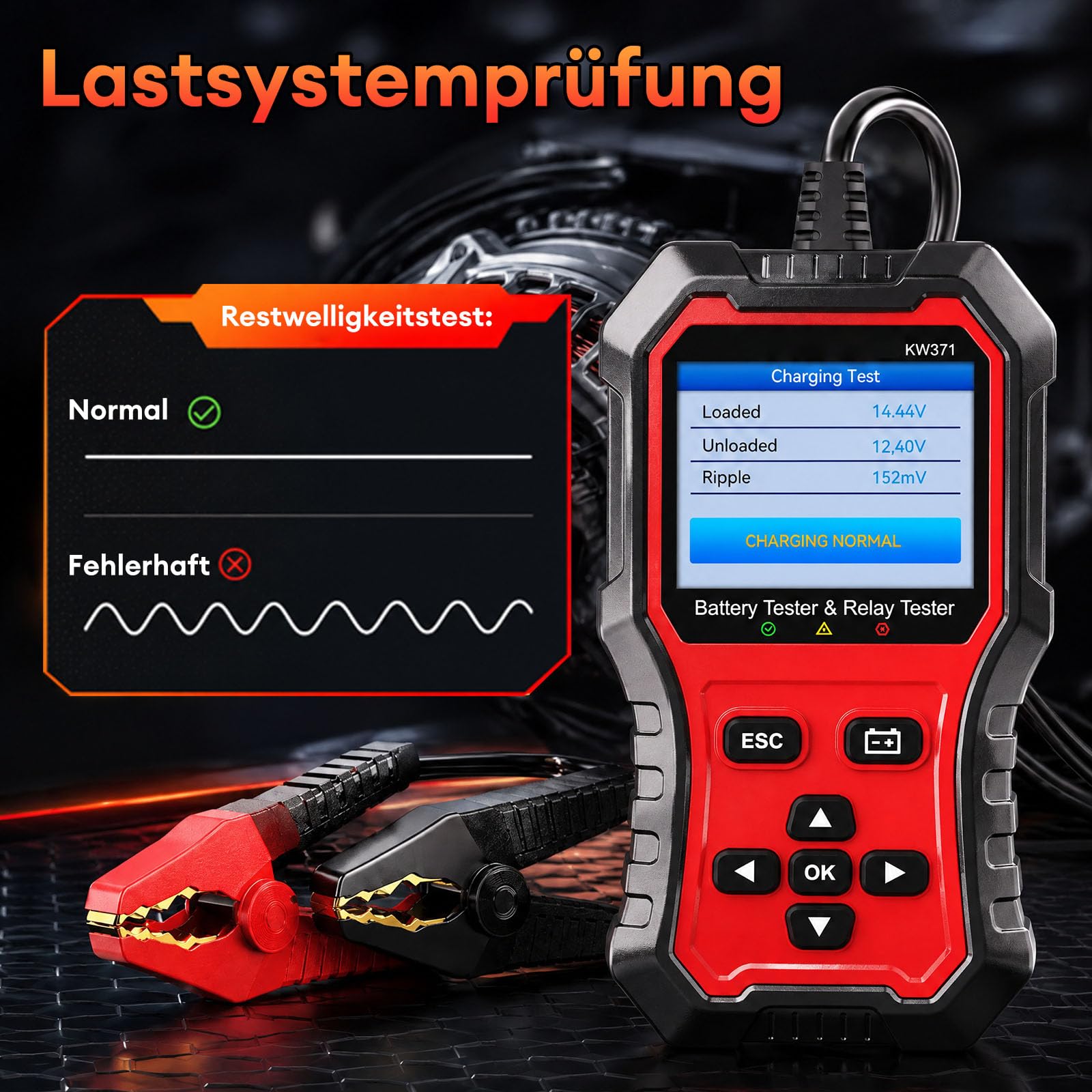 Autobatterie Tester 6V 12V 24V, 2-in-1 Kfz Batterietester 10-2000 CCA mit 12V/24V 4/5-Pin-Relaistester, Batterie Tester, Start- und Ladesystemtest für PKW, LKW, Motorrad und Wohnmobil.