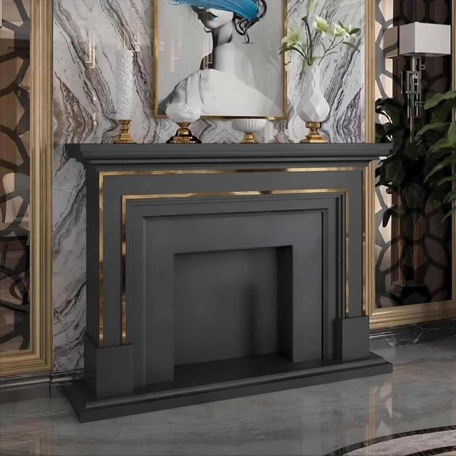 Fireplace Surround Solid Birch Wood Fireplace Mantel Shelf with Gold Stainless Steel Inlay Modern Tiered(White)