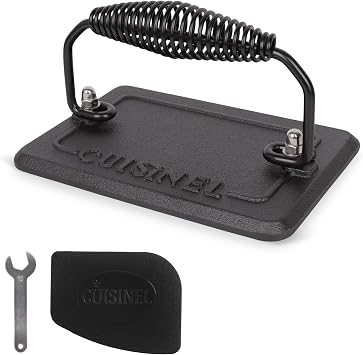Cuisinel Grill Press - Cast Iron Burger Press for Bacon, Steak & Hamburgers - 6.75" x 4.5" Rectangular Pre-Seasoned 2.8-lb. Weight Sandwich Maker - Griddle, BBQ Accessory - Comfort-Grip Handle