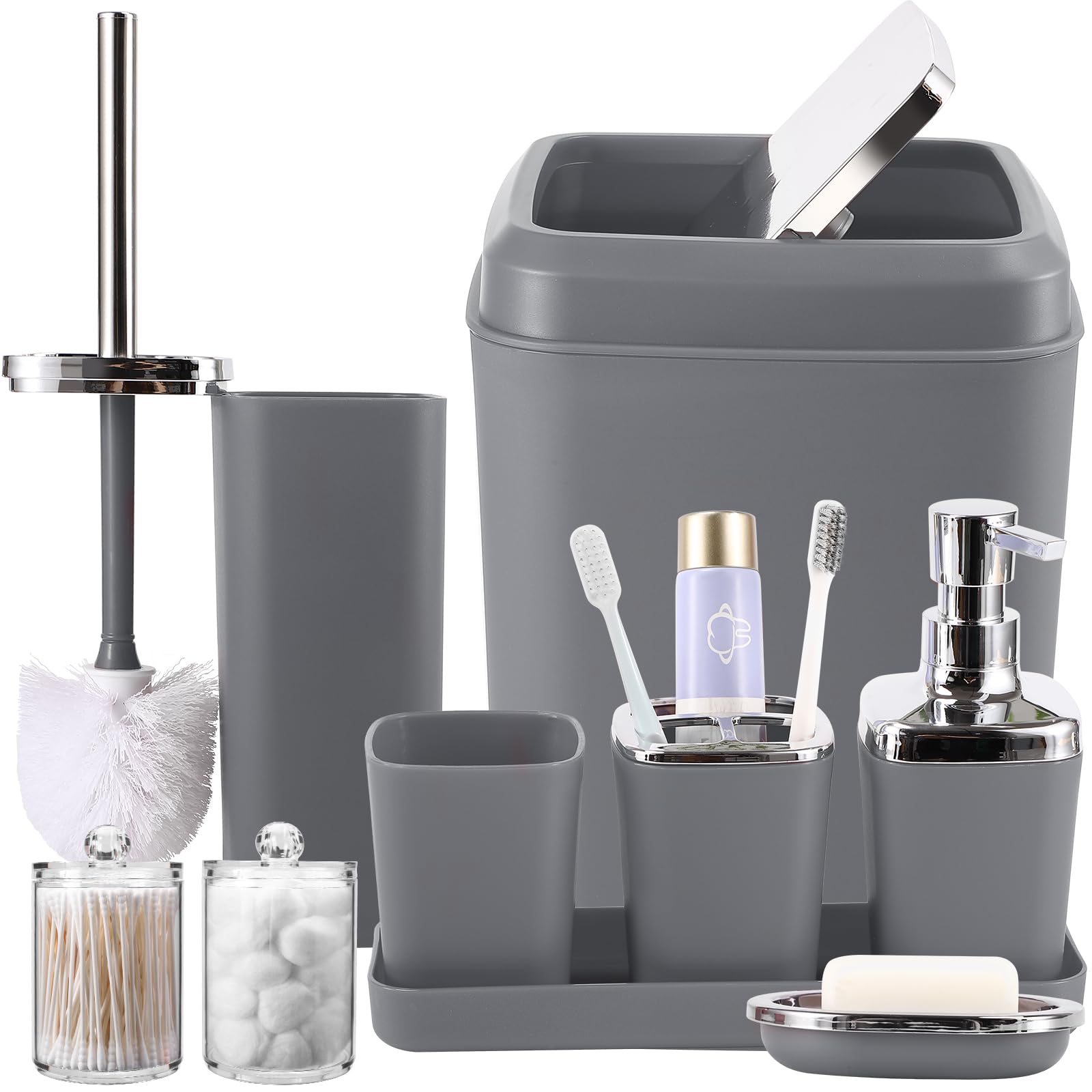 XLHOMO Grey Bathroom Accessories Sets Complete, 9-Piece Bathroom Accessories with Trash Can, Vanity Tray, Soap Dispenser, Soap Dish, Toothbrush Holder