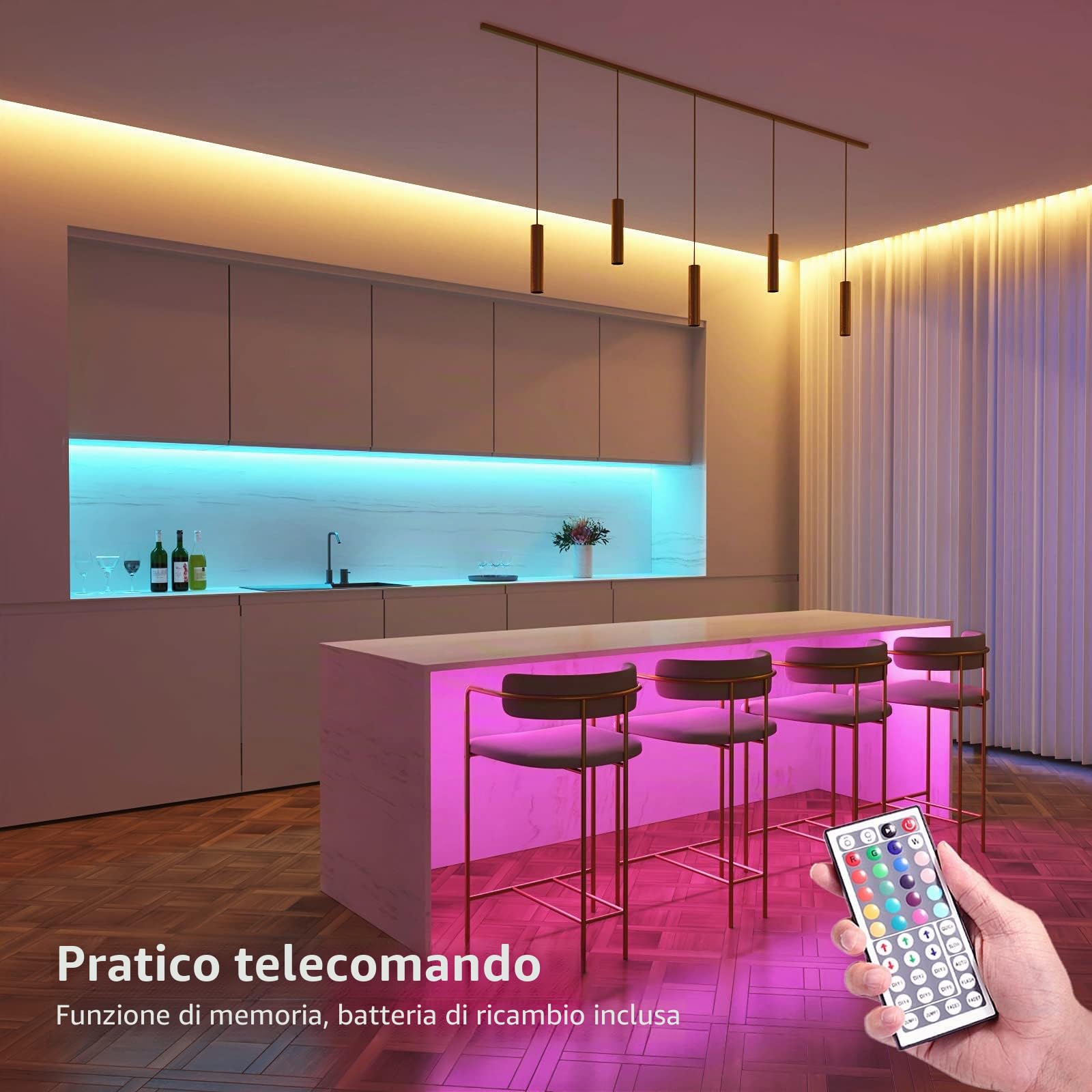 LE 15M Striscia LED RGB, LED Strisce 5050 SMD, Striscia Luminosa con 8 Modalità e 20 Colori Dimmerabili per Decorazione Interna & Esterna, Luci Kit Incluso Dimmer e Telecomando a 44 Tasti, 2x7.5M