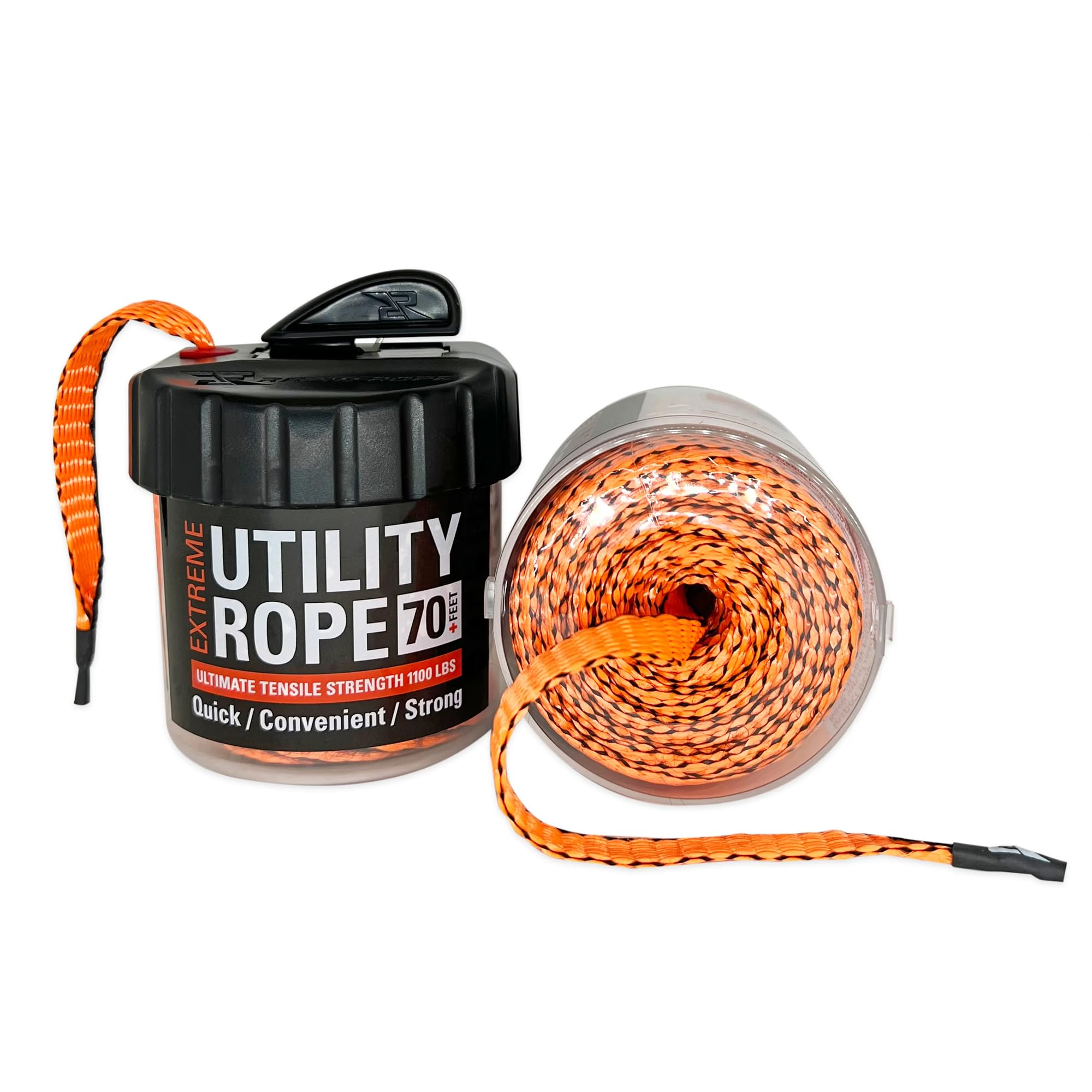 Rapid Rope Canister 70ft Orange Flat Tactical Paracord, Made in USA, 1100lb Tested Heavy Duty Poly Rope Test Cord, Non-Tangle Dispenser Included - Hiking, Camping, Survival, Utility, Climbing