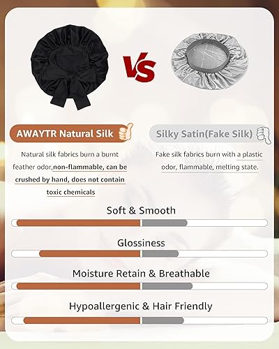 Miniatura 5 de Gorro de seda de AWAYTR para dormir, mujeres, 100% seda de morera con banda, reversible de 2 capas, envoltura para el cabello para dormir (Negro,