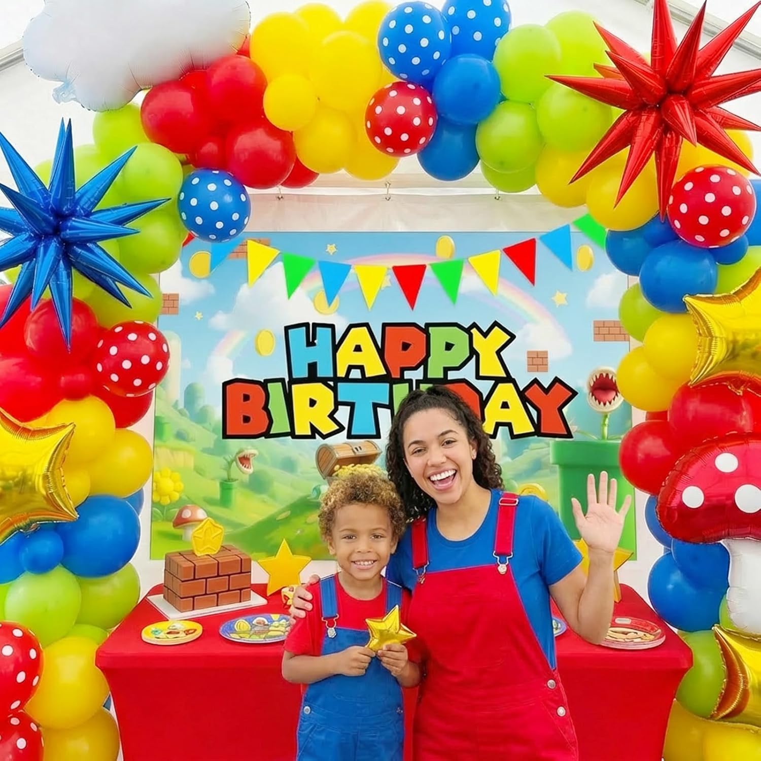 Super Bros Themed Adventure Party Decorations Kit Red Blue Green Yellow Balloons Cloud Star Mushroom Foil Set Matching Banner Happy Birthday Backdrop for Kids & Gamers Celebration Supplies