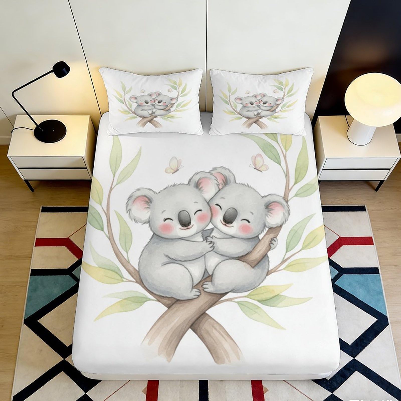 3D Printed Cute Koala Fitted Sheet Microfiber Soft Breathable Tree Branch Bed Cover for Bedroom Dorm Decor 90x200x25cm