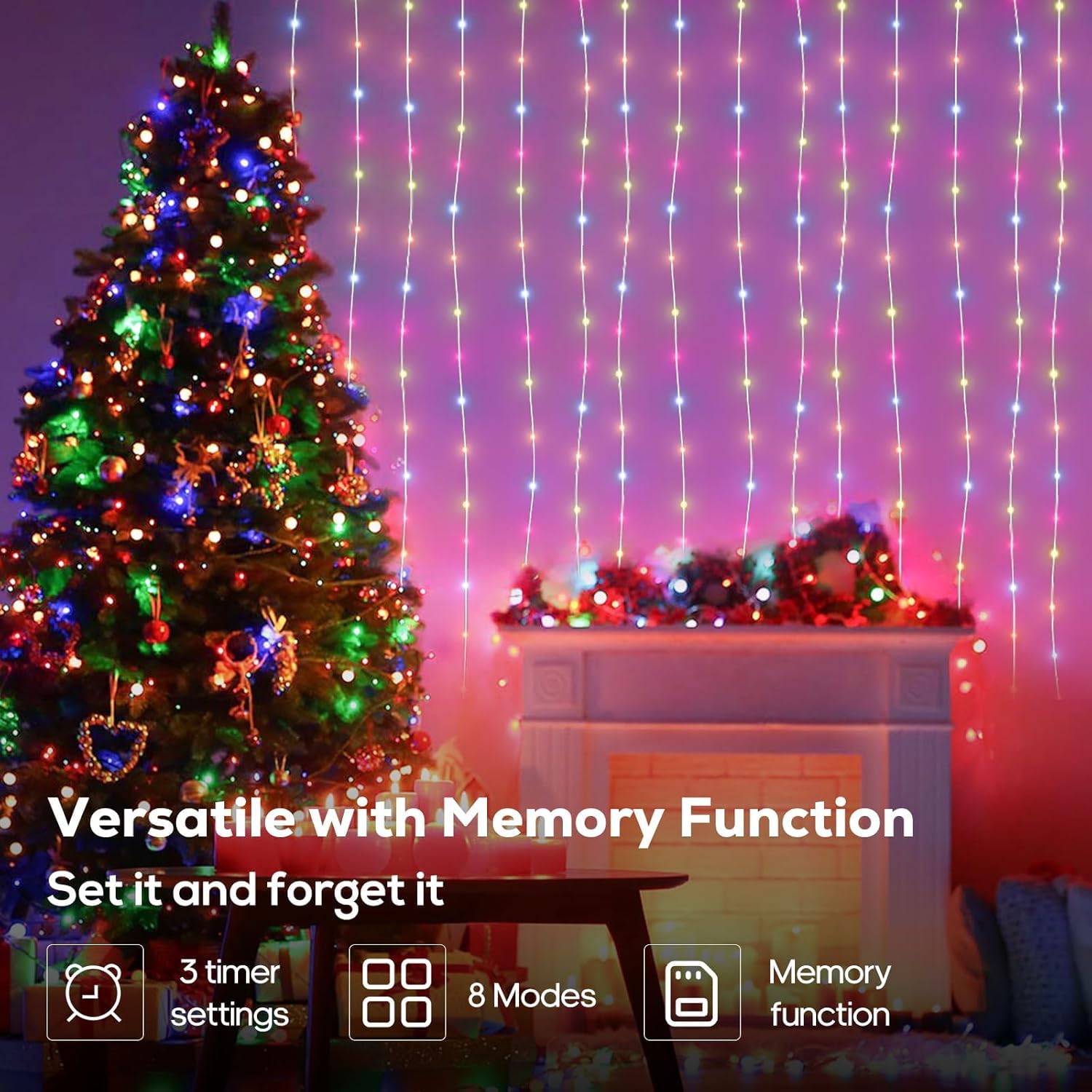 Outdoor Christmas Lights, 600LED 206FT Waterproof Plug in Twinkle Fairy Lights, 8 Modes LED, Timing & Memory Functions, for Backyard, Garden - Multicolor