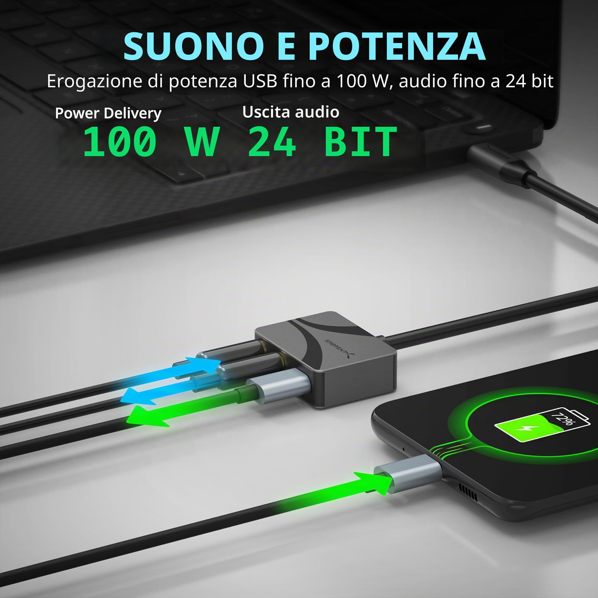SABRENT Adattatore audio da USB di tipo C a 3,5 mm con PD da 100 W, scheda audio esterna USB C per cuffie, microfono, altoparlanti, uscita stereo, 24 bit, 96 KHz, compatibile con laptop, tablet