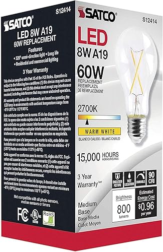 Miniatura 4 de Satco S12414-8 LED A19 de 8 vatios; transparente; base media; 2700 K; 90 CRI; 120 voltios; 800 litros de lúmenes; regulable; 15000 horas nominales;
