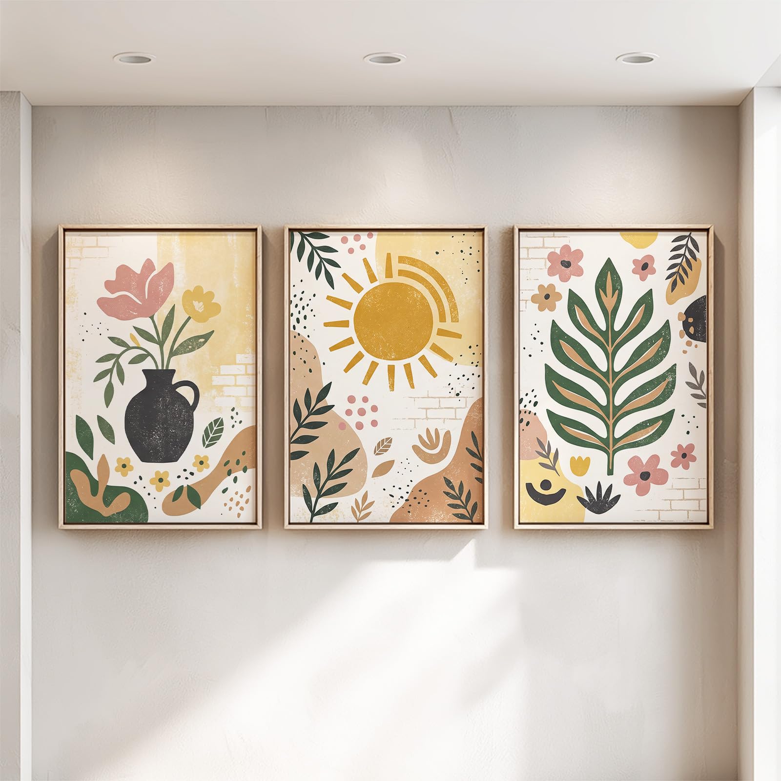 Generisch Juego de 3 pósteres abstractos bohemios, cuadros de pared botánicos floreros florales con hojas de sol, salón, dormitorio, comedor, arte de pared, sin marco, lienzo (40 x 60 cm)