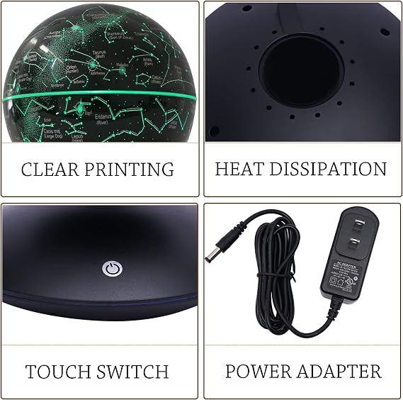 6 Magnetic Levitation Floating Globe Anti Gravity Rotating Constellation Ball with LED Light Display Globe for Children Educational Gift Home Office Desk Decor (Black)