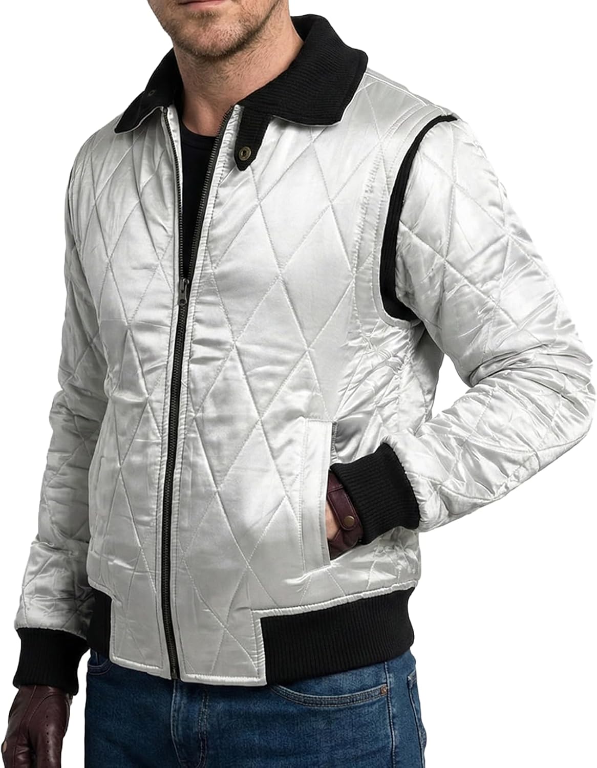 Men's Drive Ryan Gosling Satin White Golden Embroidered Scorpion Quilted Lightweight Warm Windbreaker Bomber Jacket