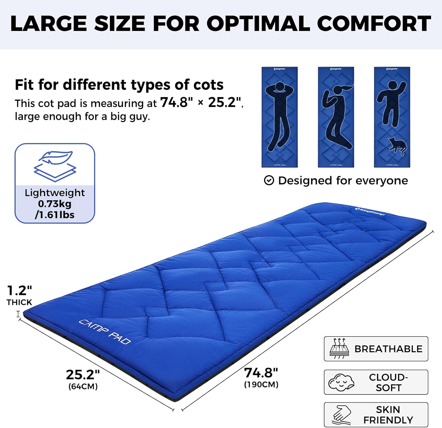 KingCamp Cot Mattress Pad, Portable Lightweight Cot Mattress, Non-Slip Camping Mat Soft Comfortable Non-Slip Cot Pad for Camp, RV Bunk