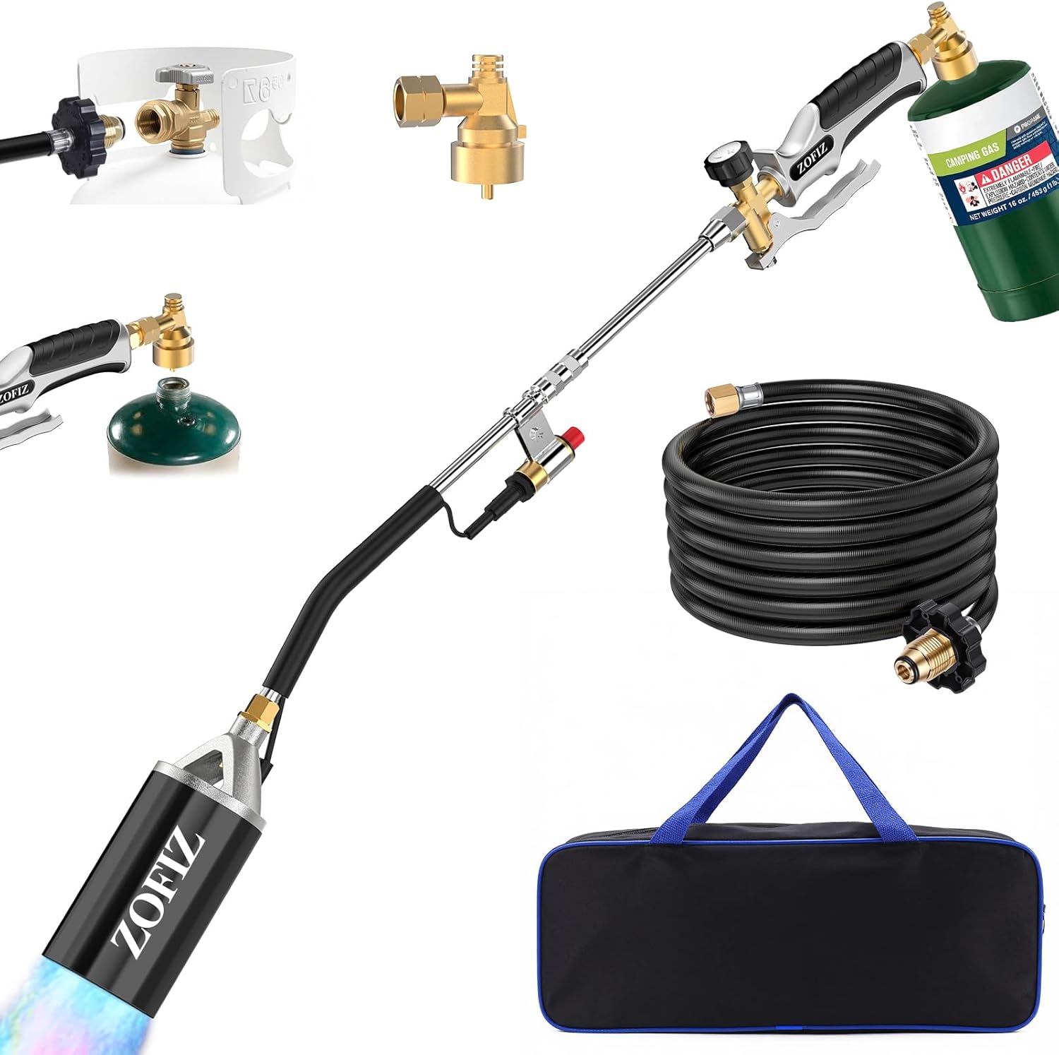 Propane Torch Weed Burner Kit, 33.5" Blow Torch with 1lb Propane Cylinder Converter, 10 FT Hose, Heavy Duty Blow Torch with Turbo Trigger for Weeds, Roofing, Ice & Snow Melting(Fuel Not Included)