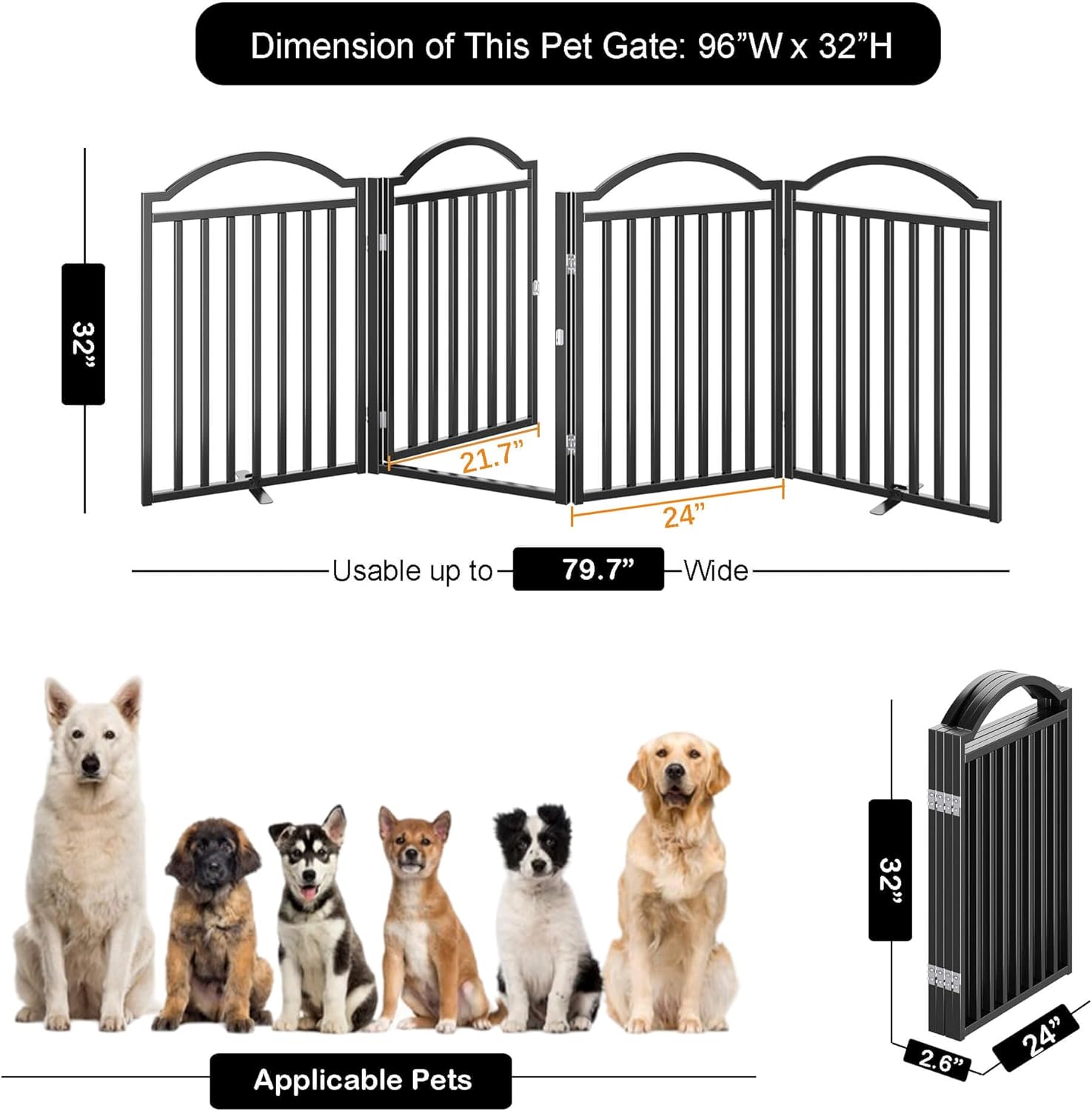 UDD Metal Folding Dog Gate Indoor 96" Extra Wide, 32" Tall Foldable Pet Gate with Door for Stairs Doorways Hallways Porch, Freestanding No Drilling Pet Fence for Dogs Puppy, Black 4-Panel
