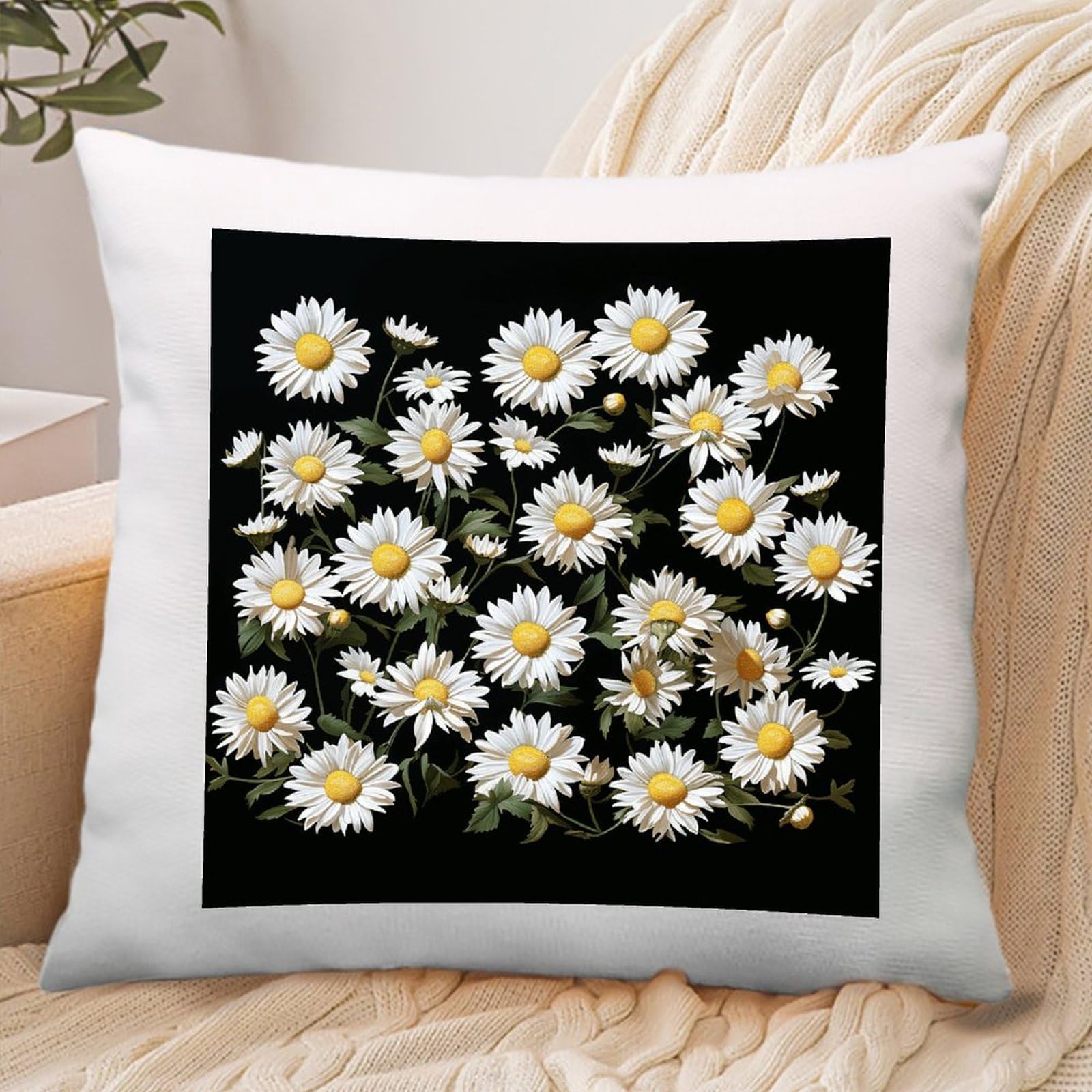 VstaDank Daisy Throw Pillow Covers Square Cushion Cases with Zipper Soft Cotton and Linen Pillowcase Luxury Cozy Pillows Shams Lumbar Pillow Shells for All Seasons