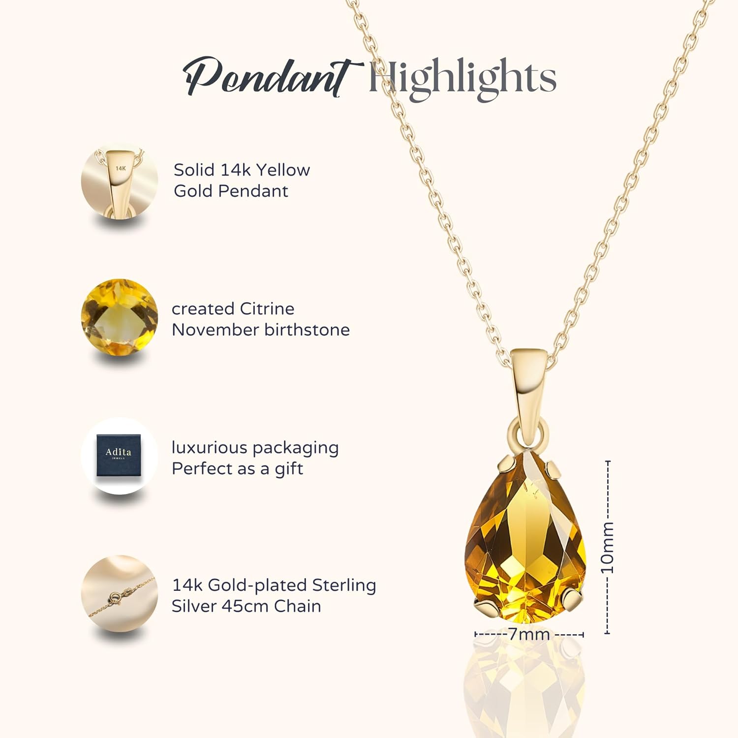 14K Gold Gemstone Necklace for Women - Birthstone Pendant - Solid Gold Teardrop Pendant WITH Sterling Silver Chain - Elegant Wedding Jewelry - Gemstone Gift for Her