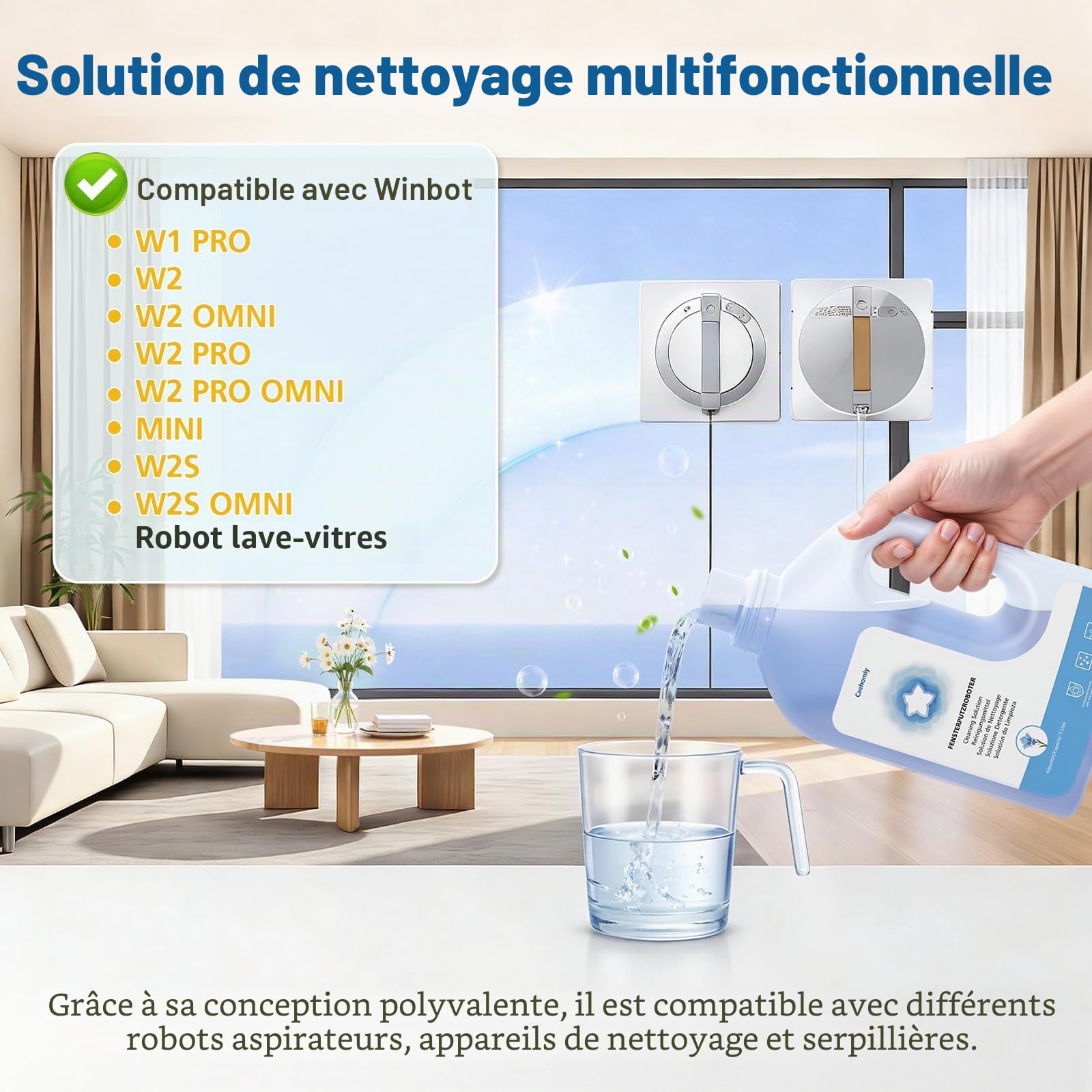 Solution de nettoyage pour robot nettoyeur de vitres ECOVACS Winbot W1 PRO, W2, W2 OMNI, W2 PRO, W2 PRO OMNI, WINBOT MINI, W2S, W2S OMNI (1 l)