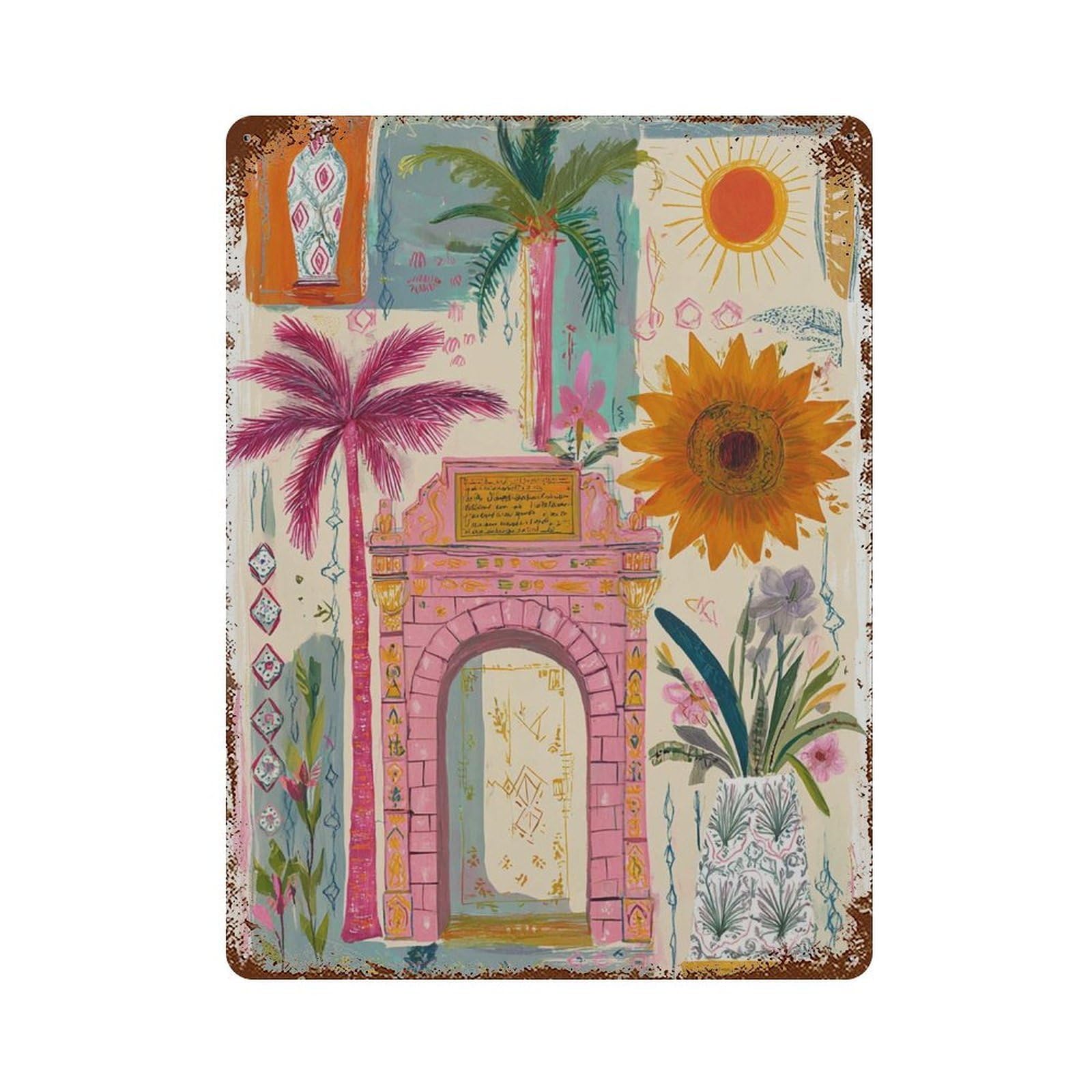 xiaoxiaoshen Moroccan Archway Boho Colorful Travel Exotic Botanical Mediterranean Home Work Wall Decor Art Metal Tin Poster Modern Home Decor Art Home Bar Shop Decorations Vintage Sign 40x30cm