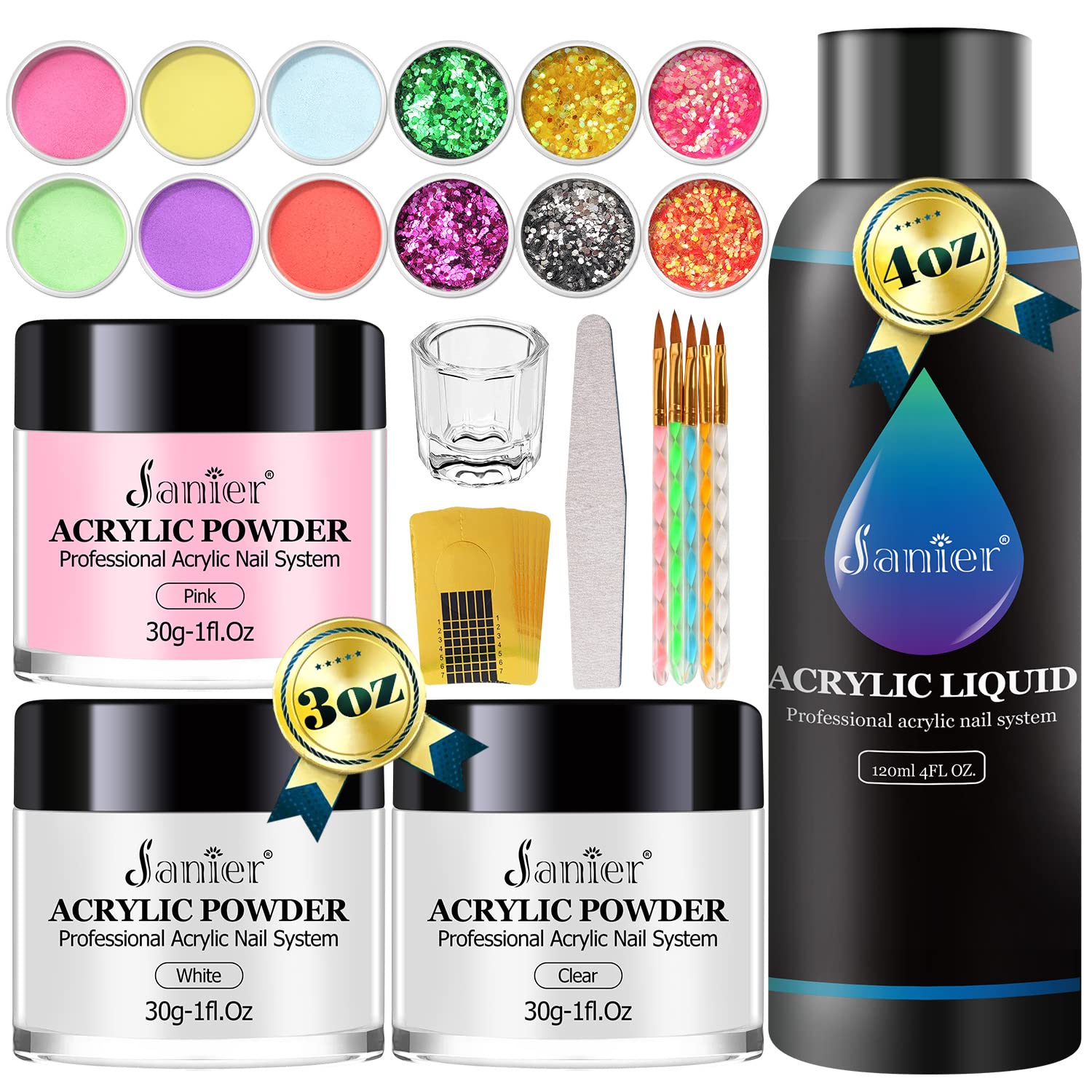 Janier Acrylic Nail Kit,Acrylic Powder and Liquid Set,Professional Monomer Acrylic Nail Liquid and 15 Colors Acrylic Powder Glitter with Acrylic Nail Brush For Nail Extension Beginner Kit