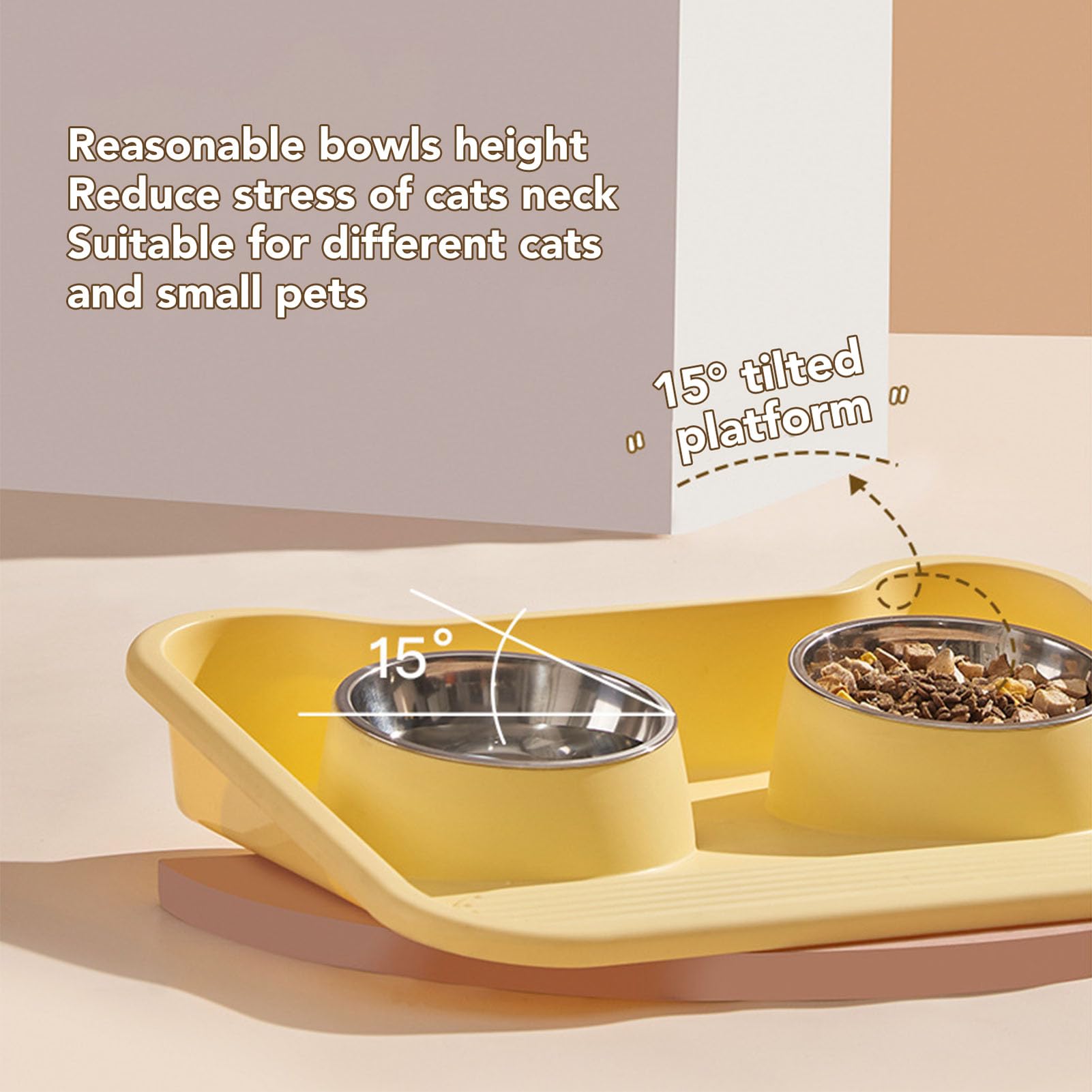 Generic Ciotole Doppie per Mangiatoia per Animali Domestici in Acciaio Inossidabile con Design Inclinato di 15° - Set di Ciotole per Cibo per Cani Gatti Rialzate a Prova di Fuoriuscite per (YELLOW)