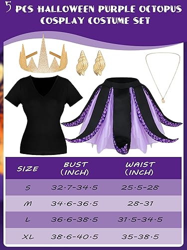 Miniatura 2 de 5 piezas de disfraz de mar de Halloween para mujer, disfraz de cosplay de pulpo morado, falda de tentáculo negro y morado, collar dorado (pequeño)