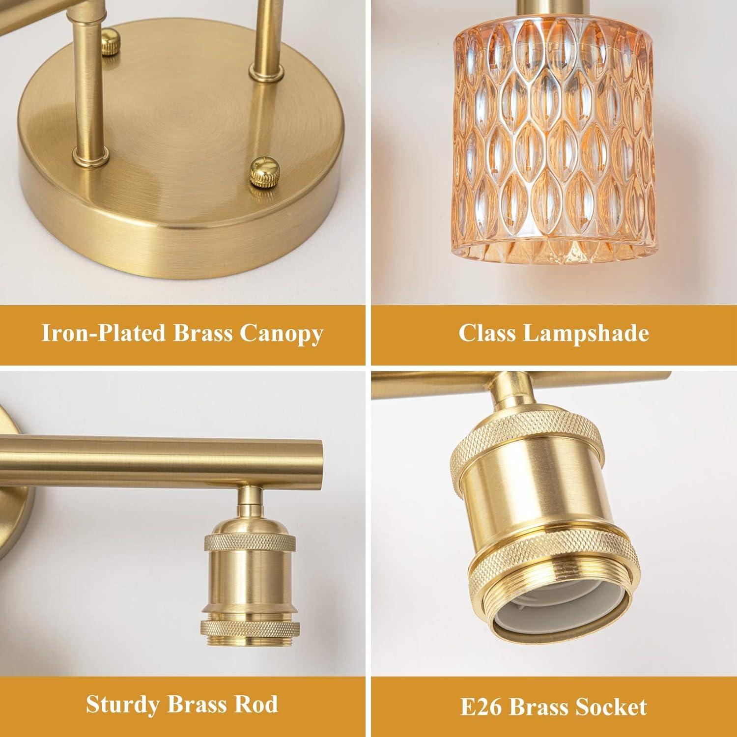 Bathroom Vanity Light, Gold Wall Fixture Over Mirror, Amber Glass Shade Lighting with Bulbs Included for Bedroom & Living Room, 2-Lights